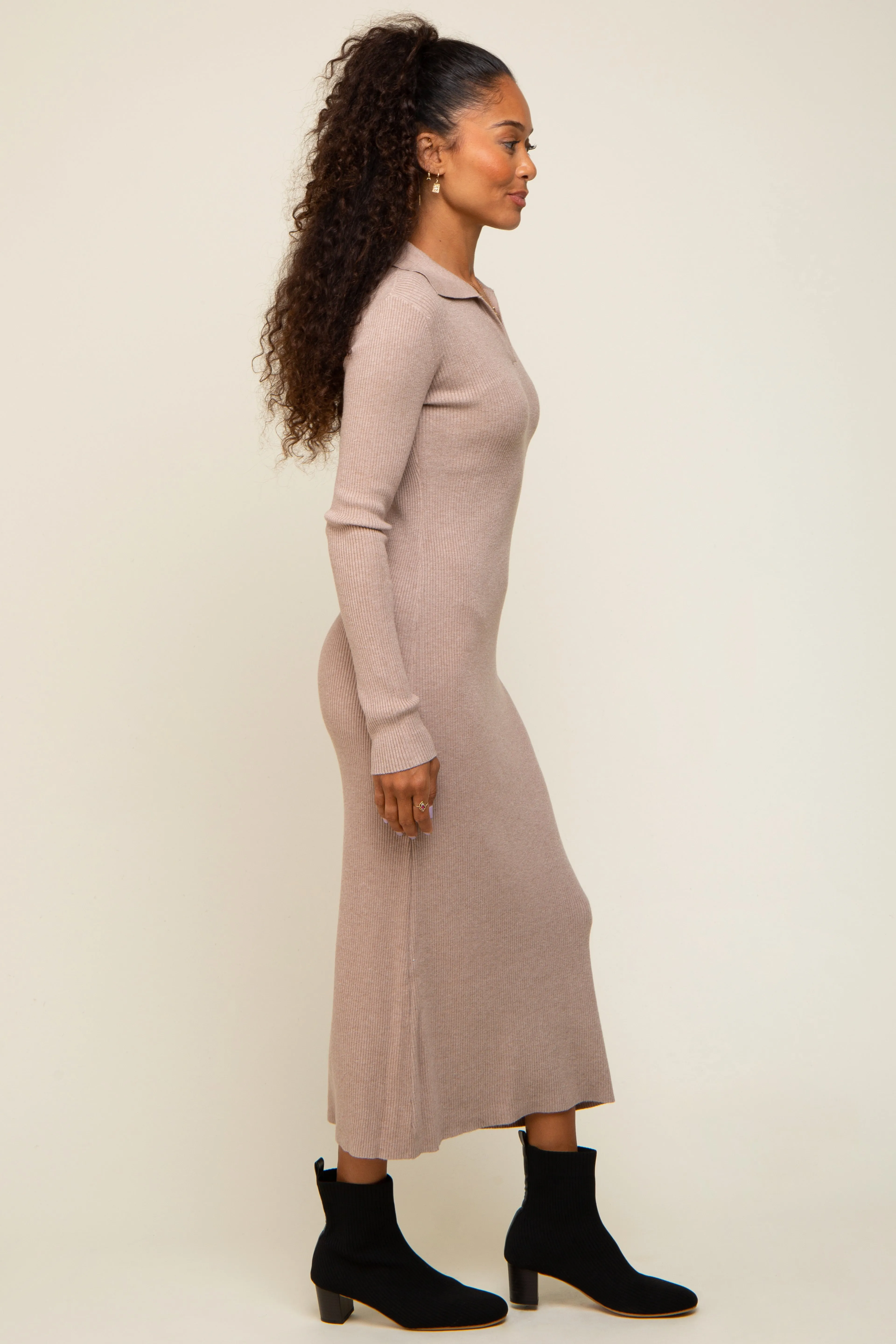 Taupe Ribbed Knit Collared Fitted Midi Dress sold by Pinkblush product image thumbnail 2