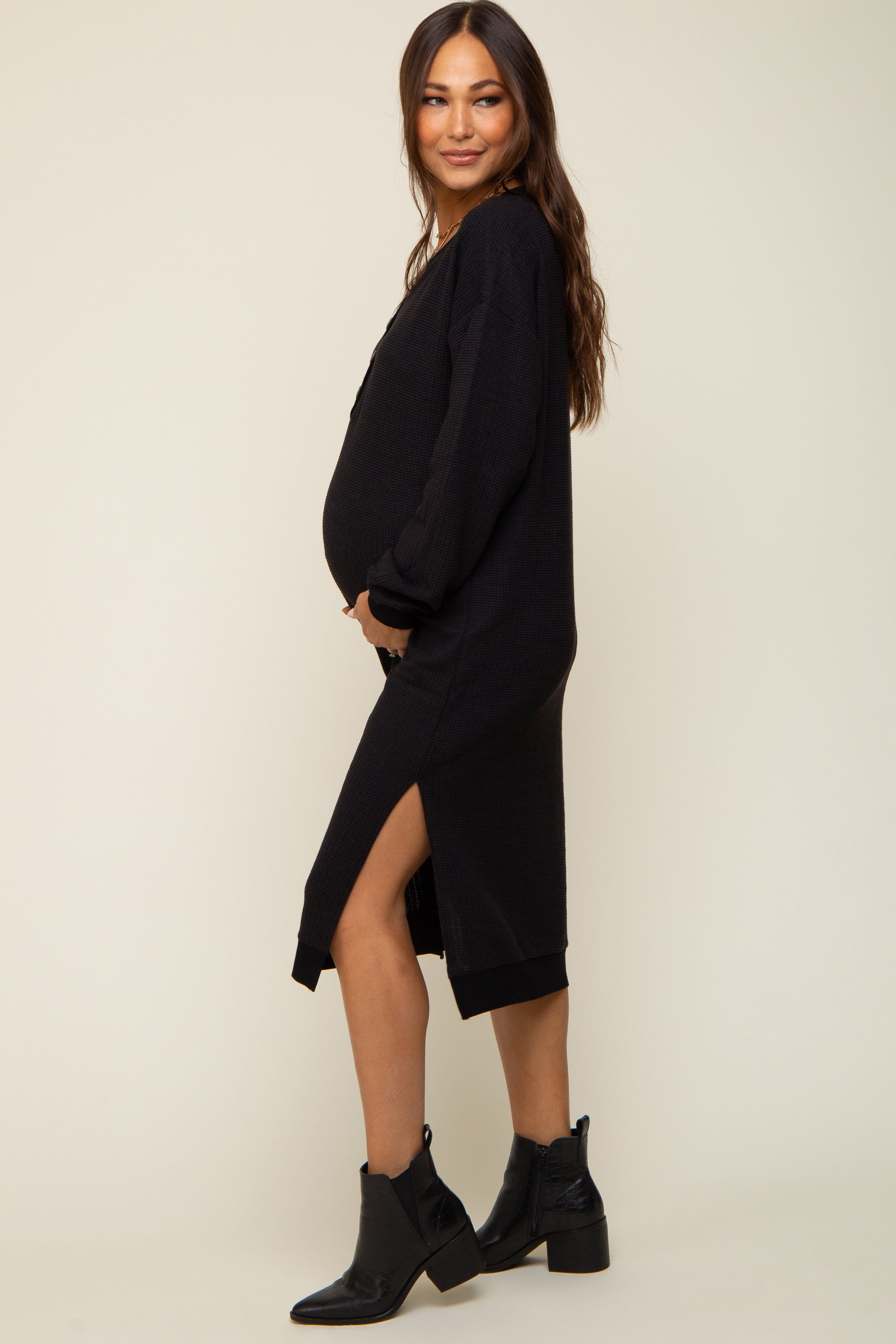 Black Waffle Knit Long Sleeve Maternity Midi Dress sold by Pinkblush product image thumbnail 2