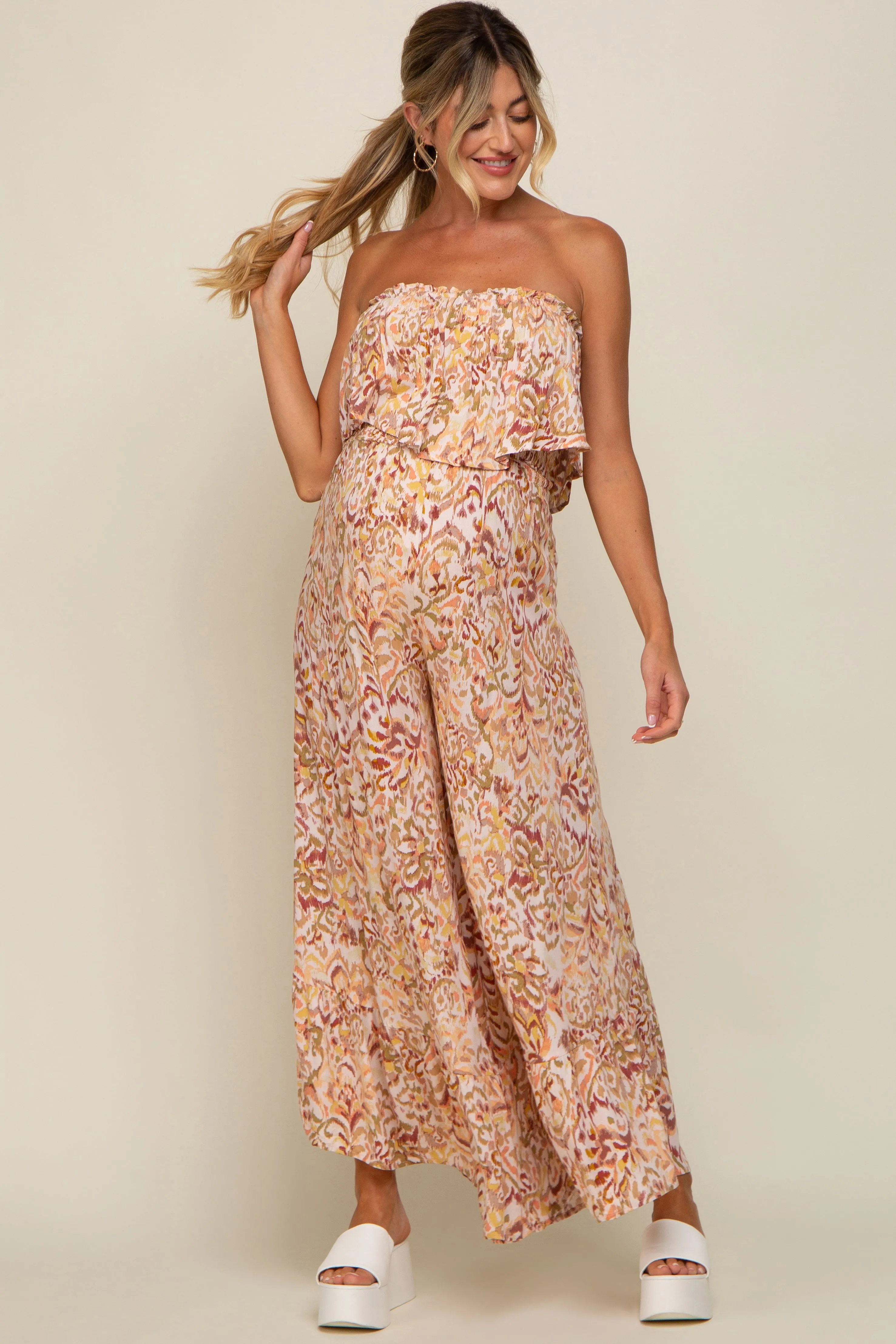 Coral Strapless Ruffle Overlay Maternity Jumpsuit sold by Pinkblush