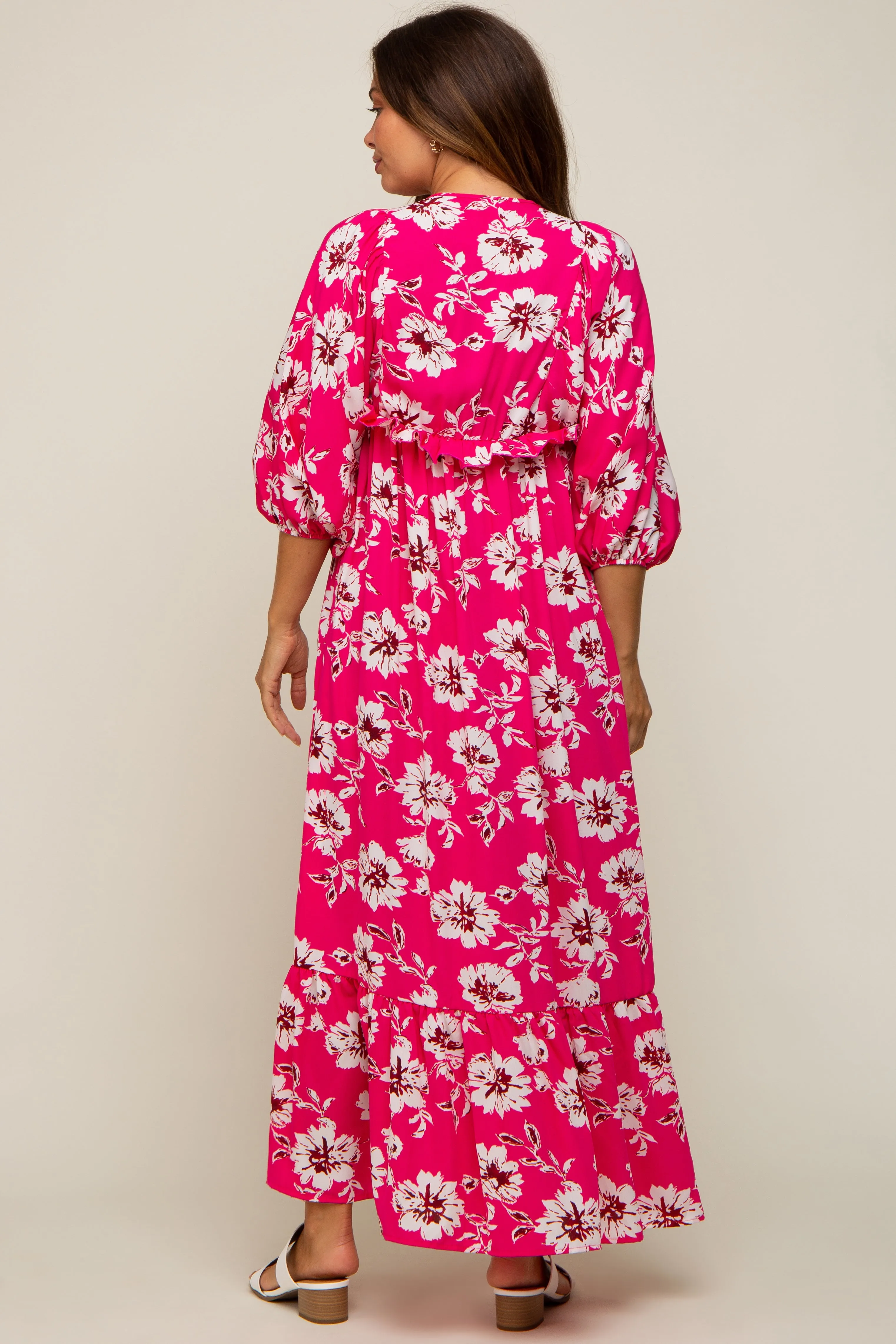 Fuchsia Floral V-Neck Dolman 3/4 Sleeve Maternity Midi Dress sold by Pinkblush product image thumbnail 4