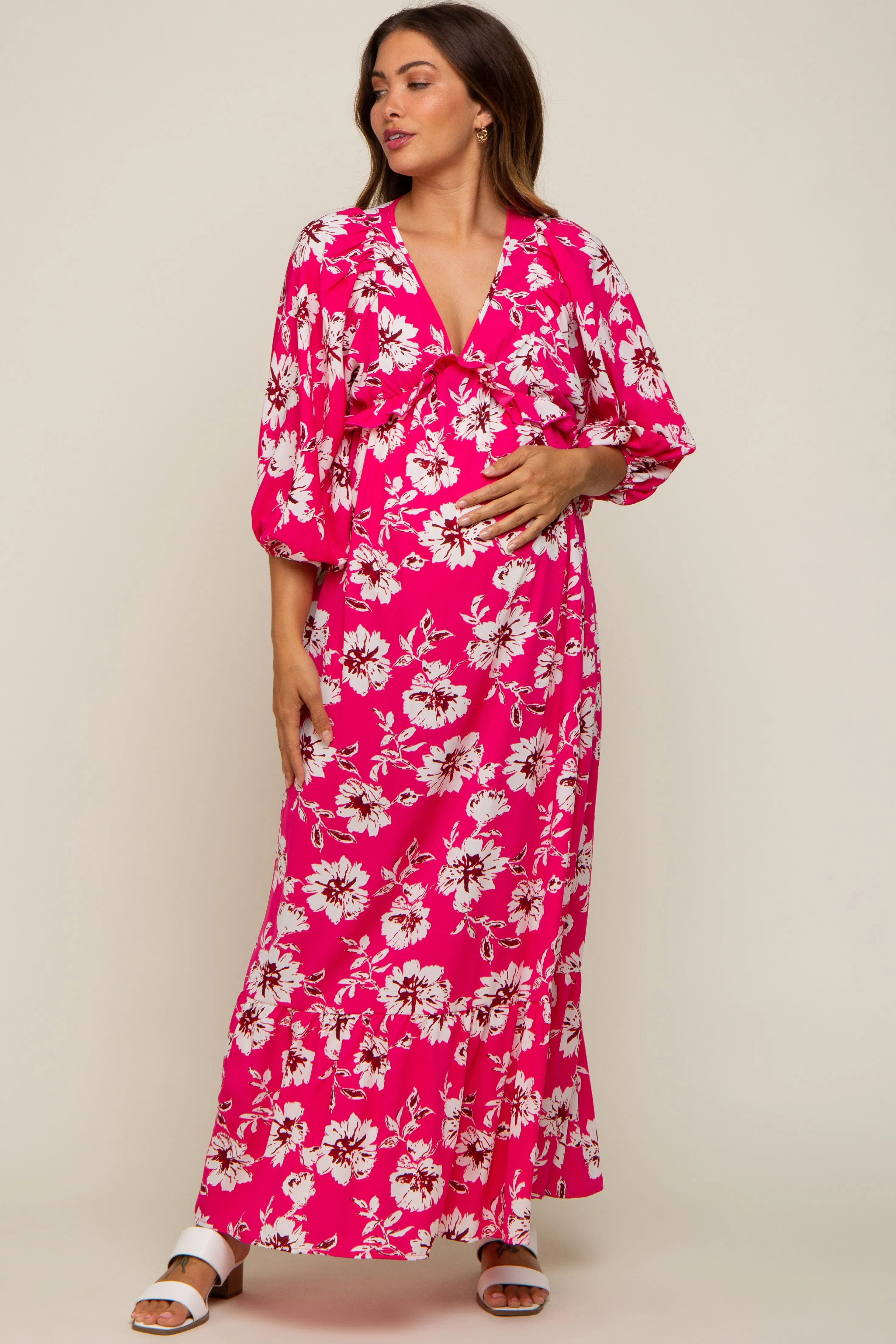 Fuchsia Floral V-Neck Dolman 3/4 Sleeve Maternity Midi Dress sold by Pinkblush