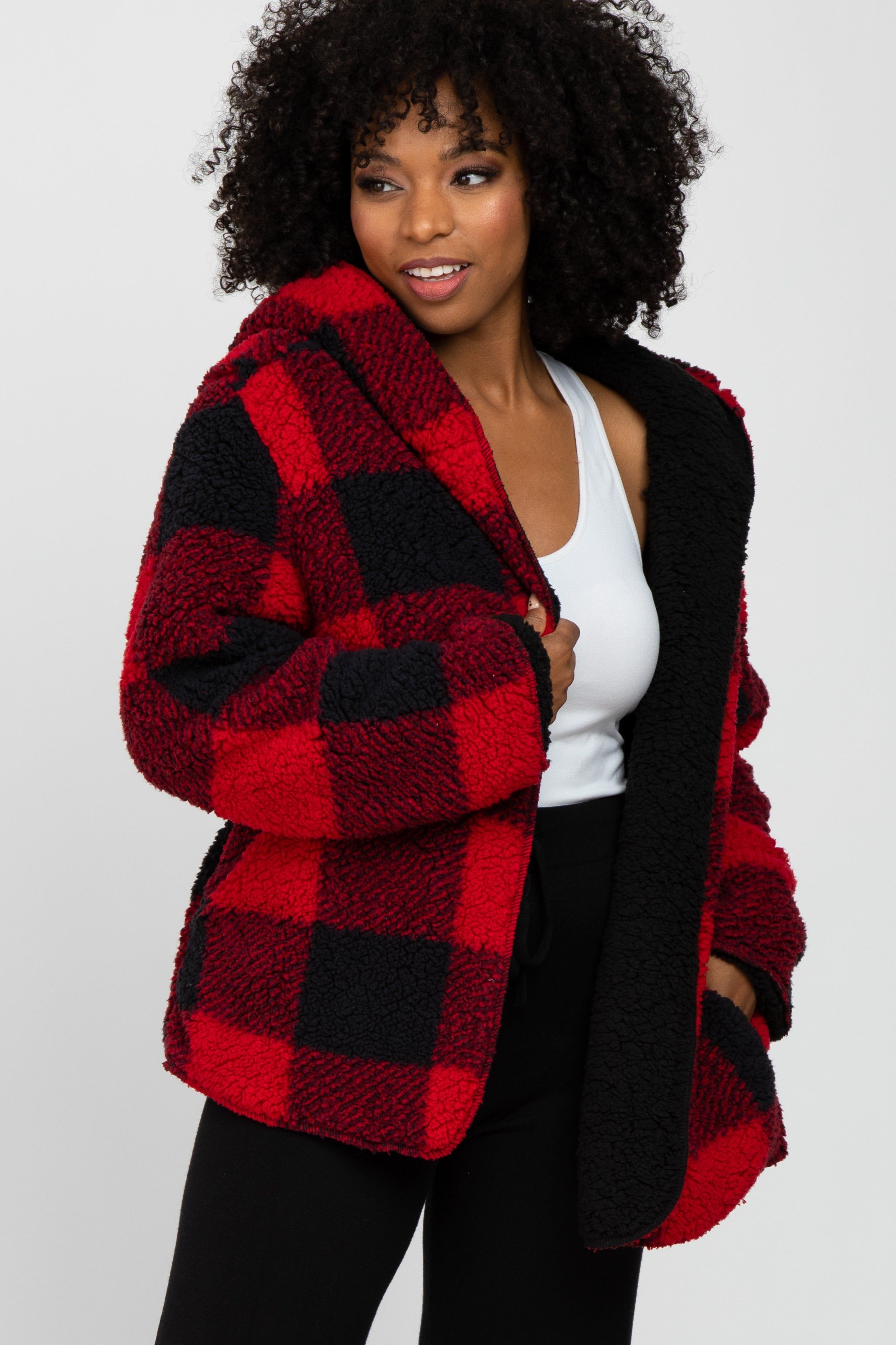 Red Plaid Reversible Sherpa Hooded Jacket sold by Pinkblush