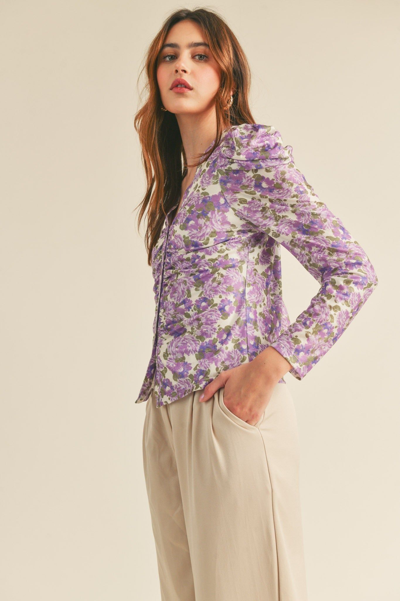 Purple Floral Ruched Button Down Puff Sleeve Top sold by Pinkblush product image thumbnail 3