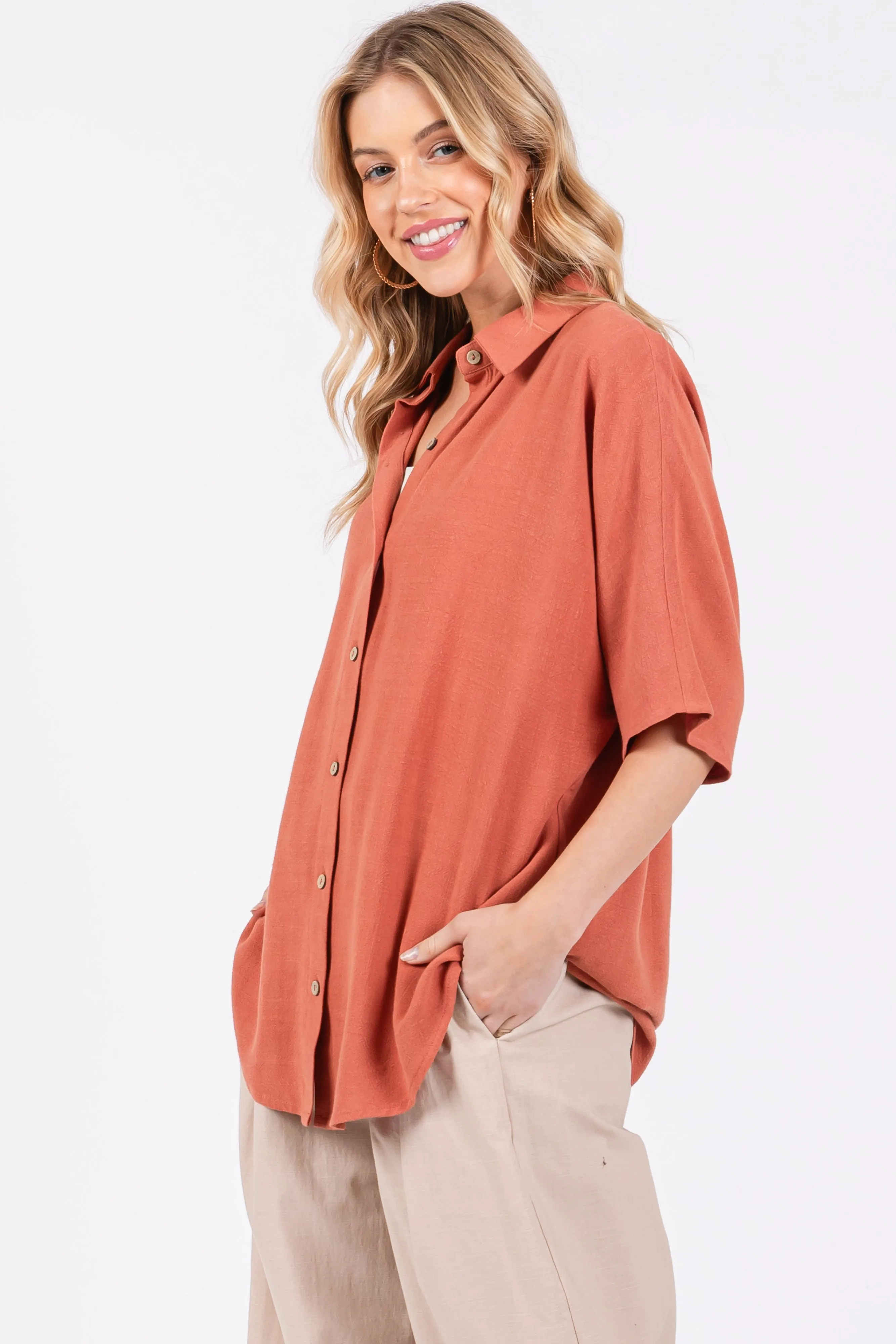 Rust Linen Dolman Half Sleeve Button Down Top sold by Pinkblush product image thumbnail 2