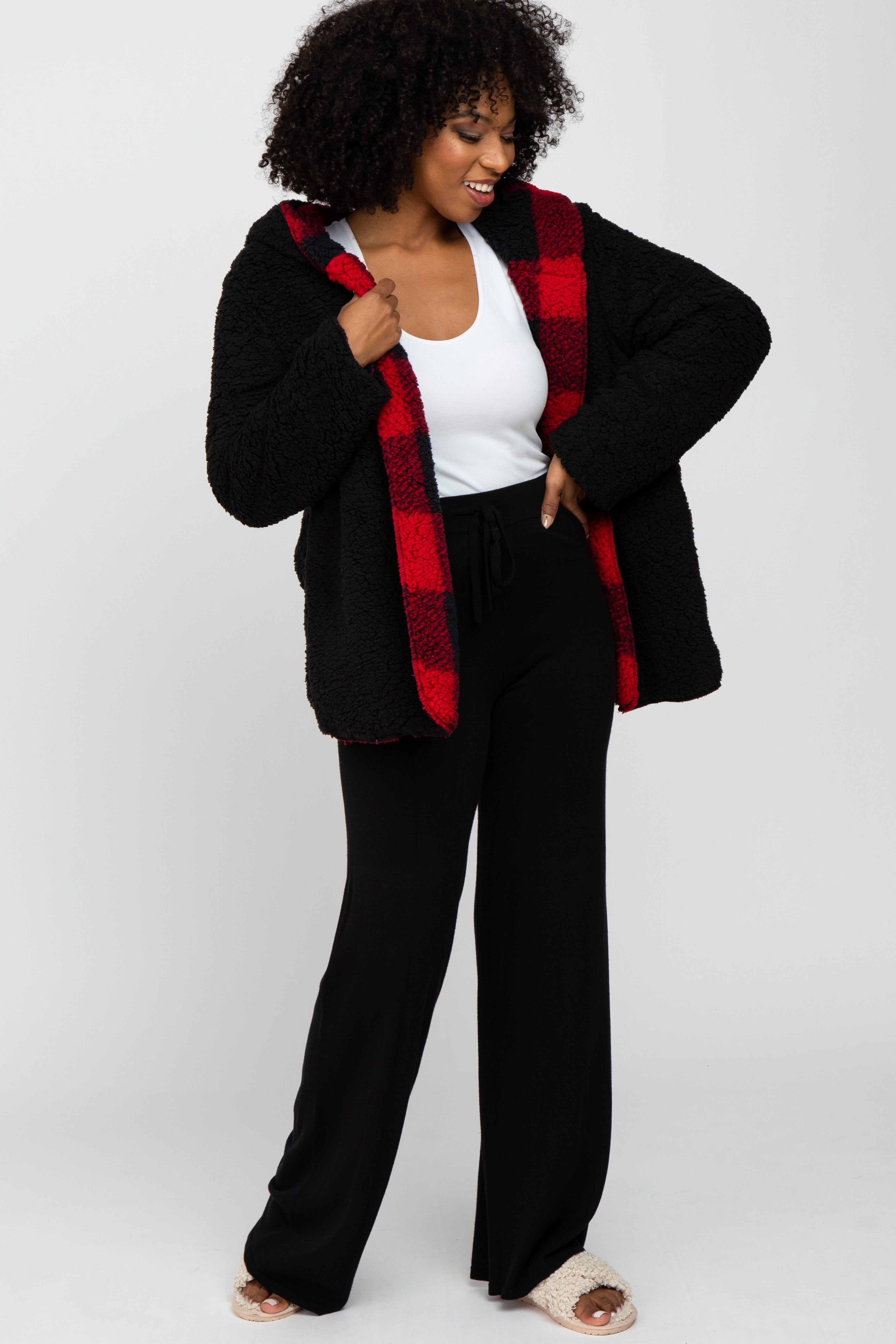 Red Plaid Reversible Sherpa Hooded Jacket sold by Pinkblush product image thumbnail 5
