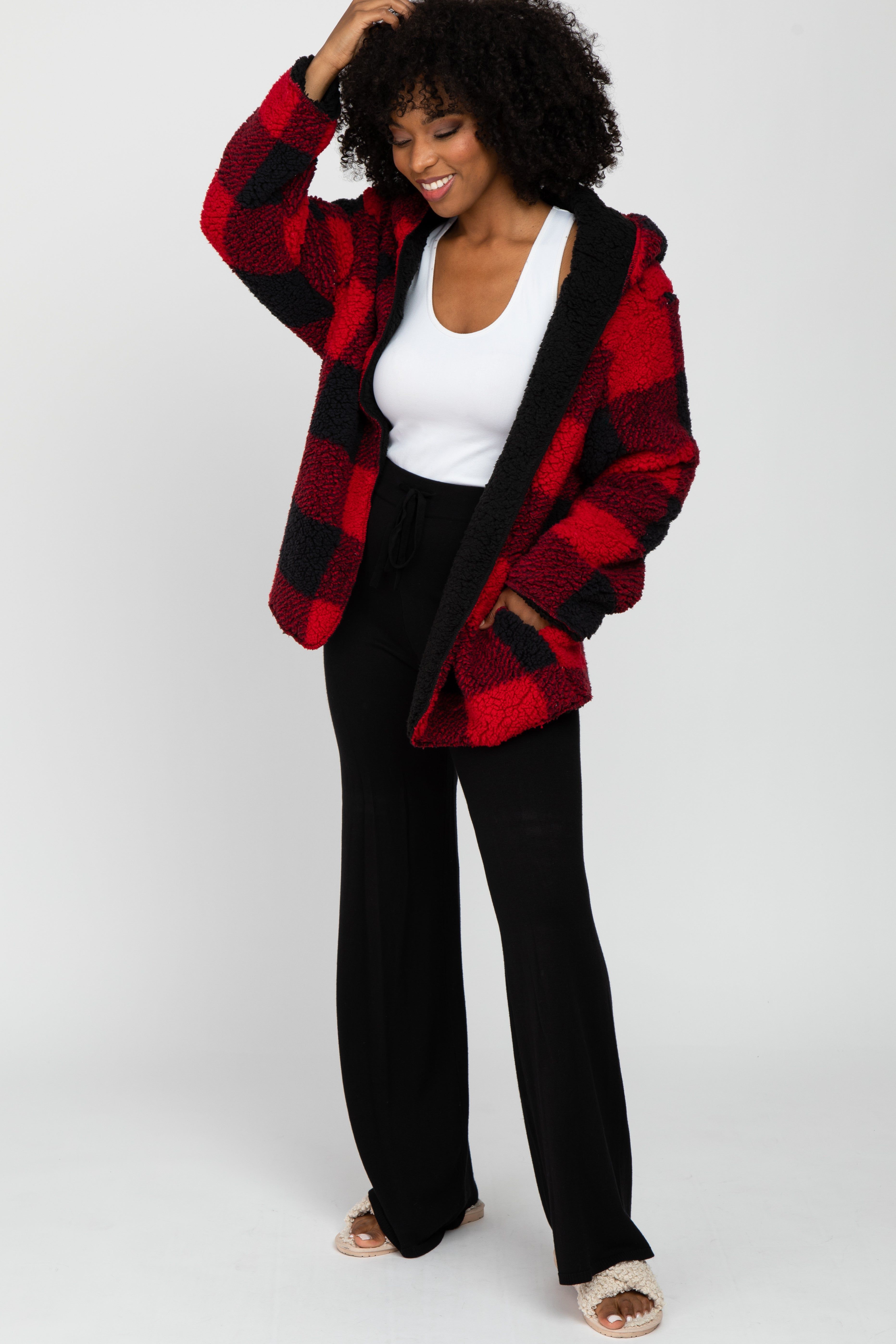Red Plaid Reversible Sherpa Hooded Jacket sold by Pinkblush product image thumbnail 2