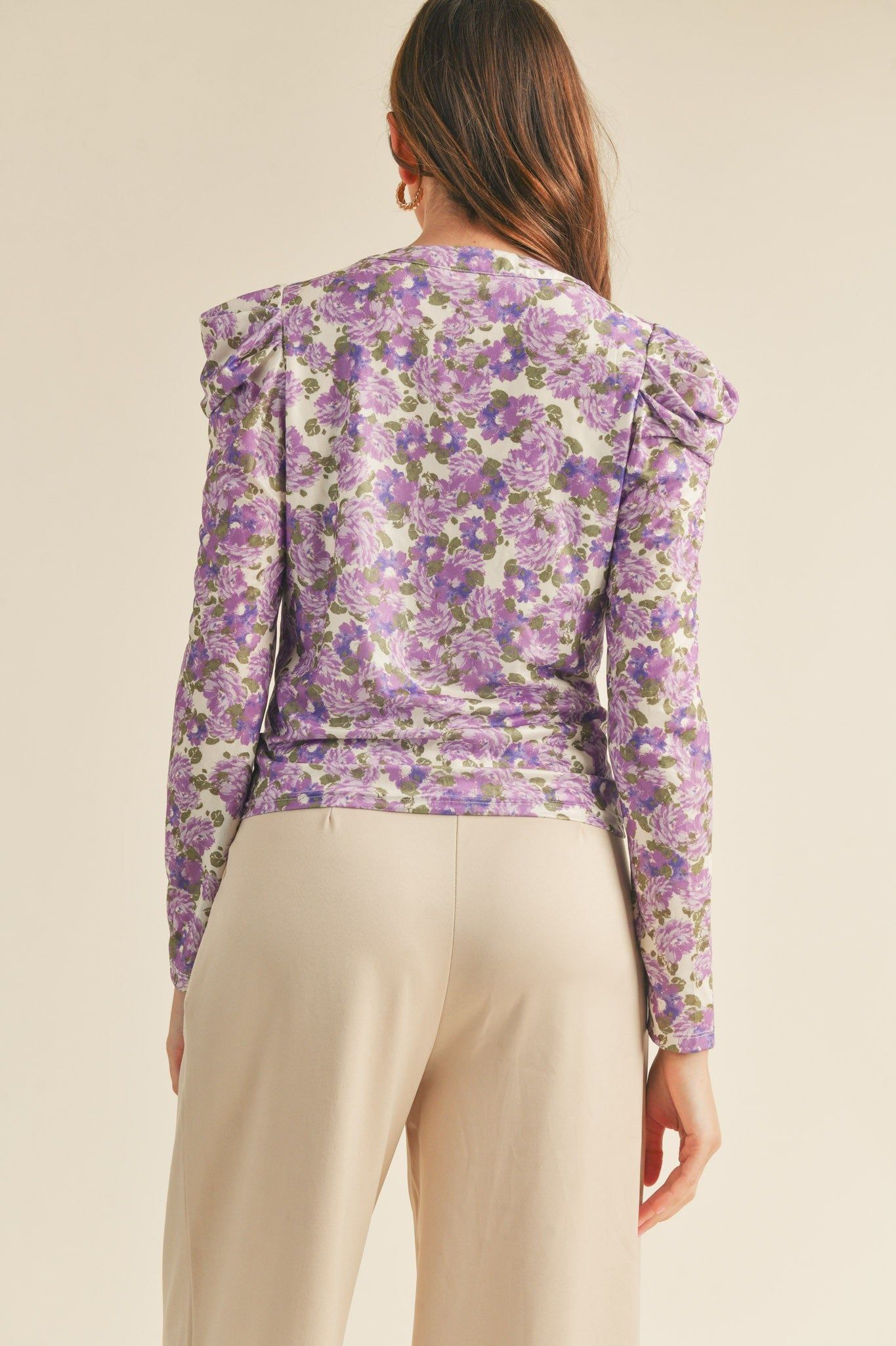 Purple Floral Ruched Button Down Puff Sleeve Top sold by Pinkblush product image thumbnail 4