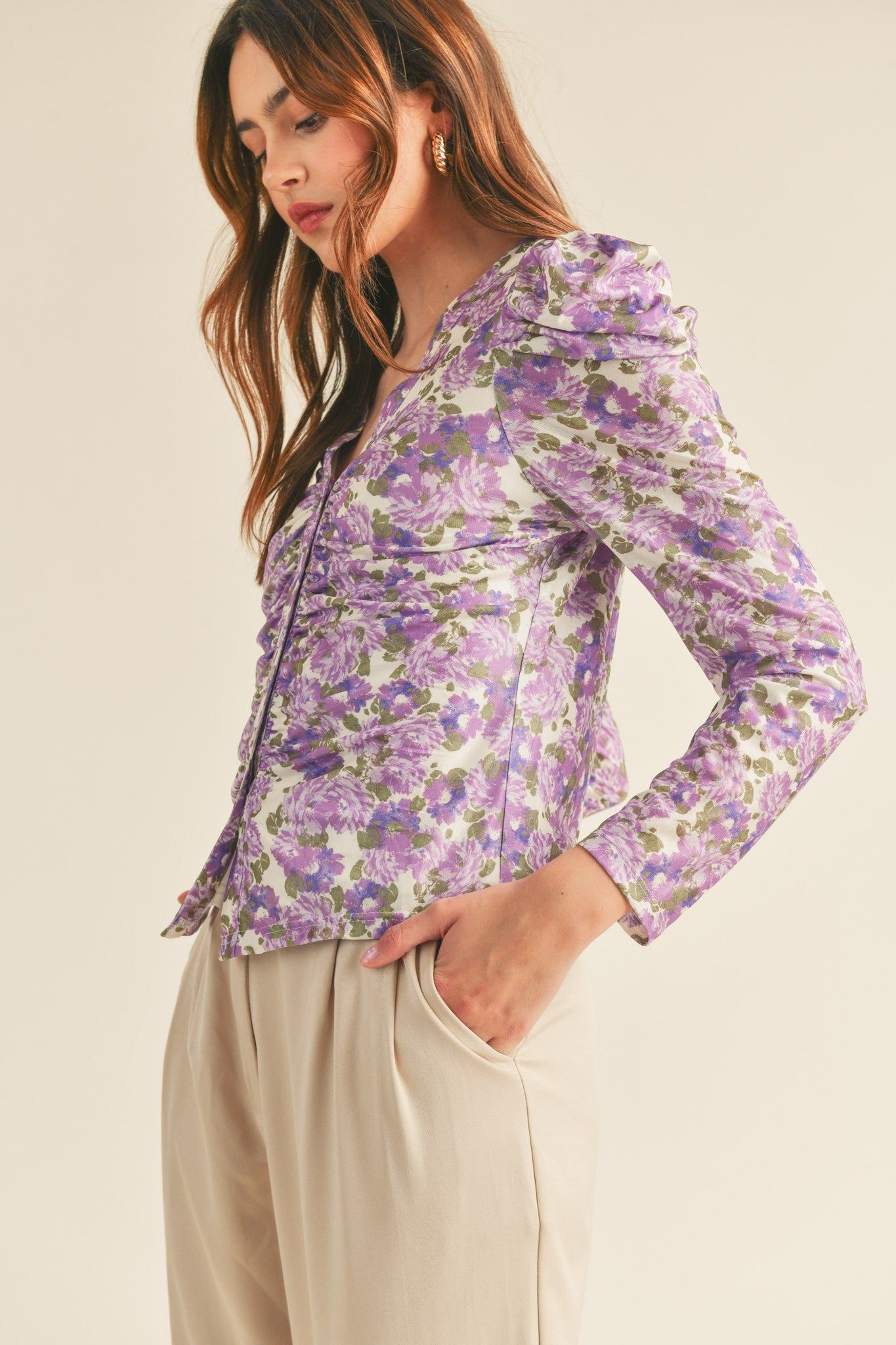 Purple Floral Ruched Button Down Puff Sleeve Top sold by Pinkblush