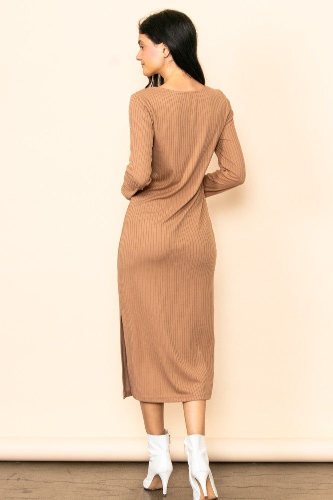 Camel Ribbed Side Slit Midi Dress sold by Pinkblush product image thumbnail 3