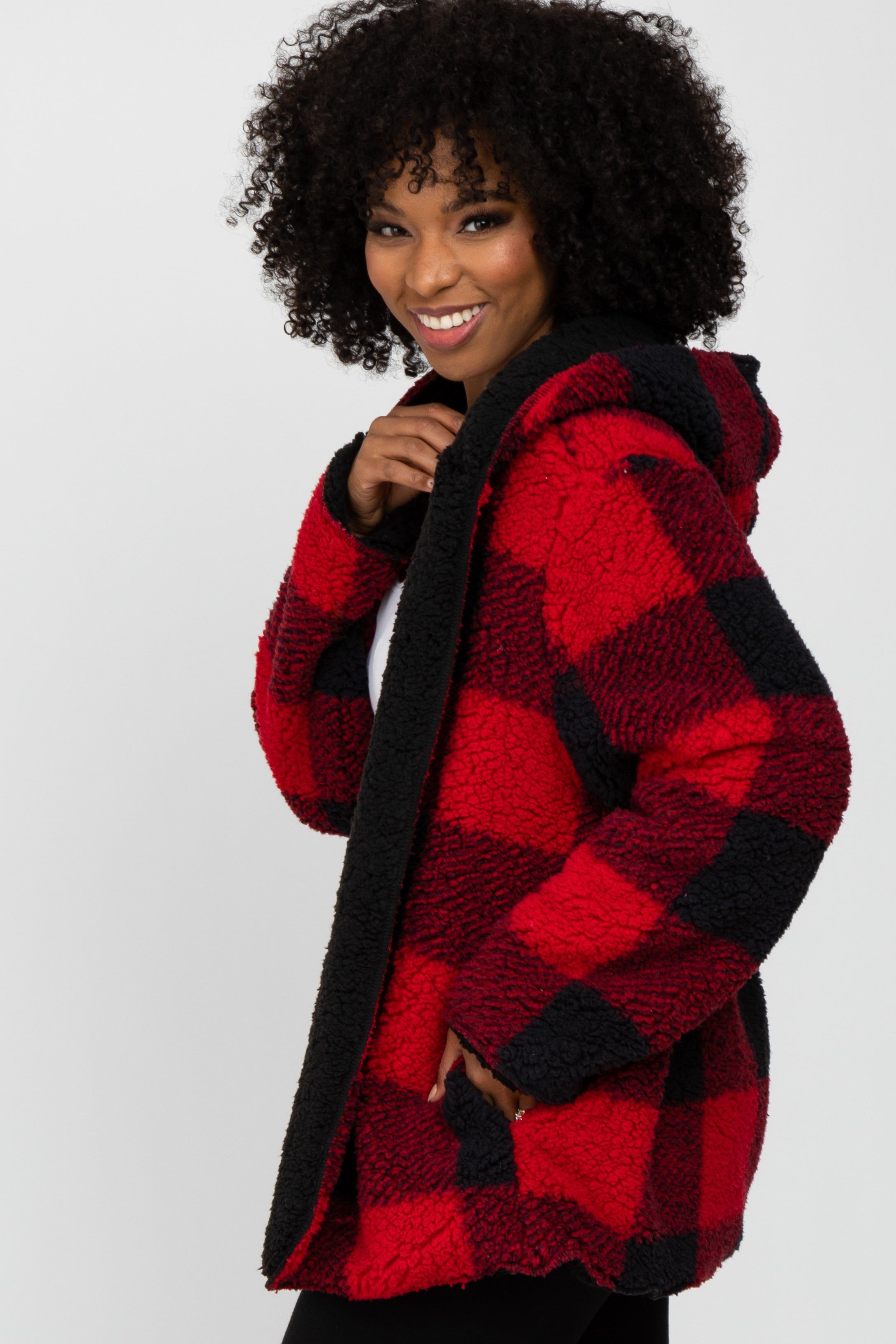 Red Plaid Reversible Sherpa Hooded Jacket sold by Pinkblush product image thumbnail 3