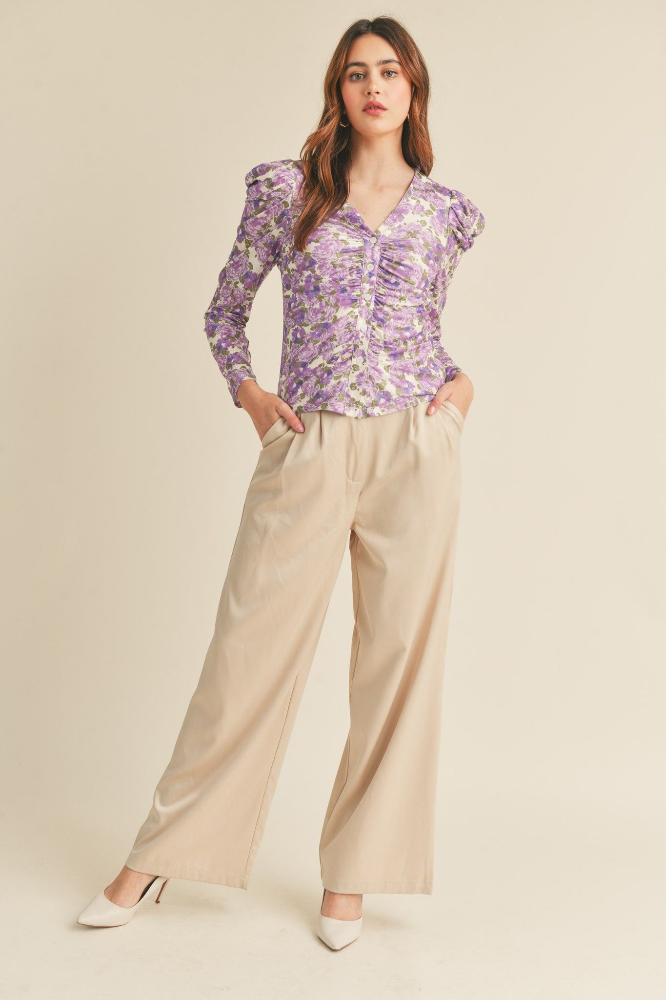 Purple Floral Ruched Button Down Puff Sleeve Top sold by Pinkblush product image thumbnail 5
