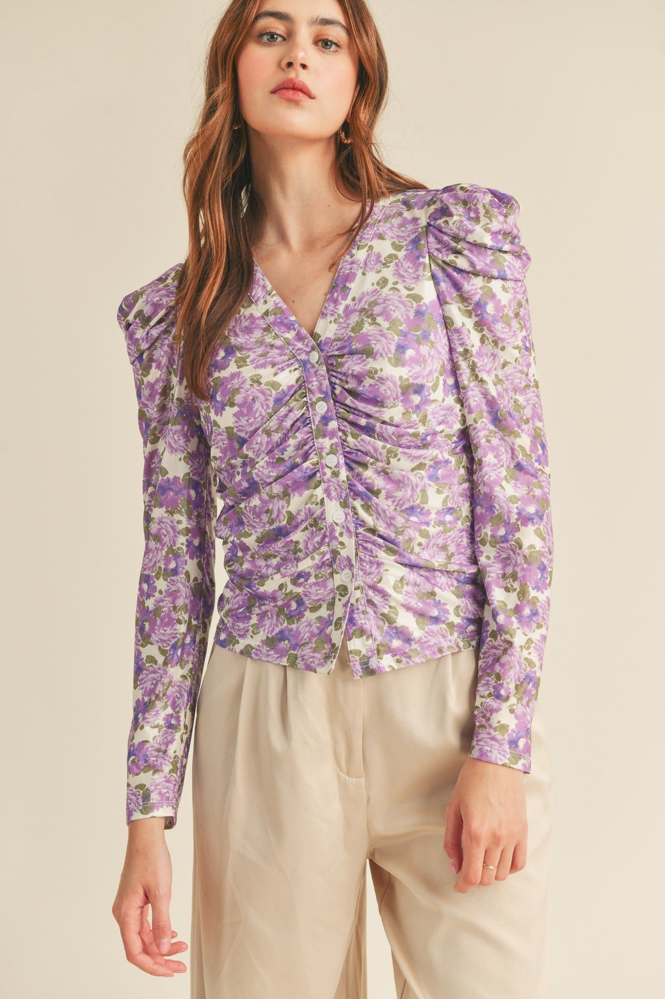 Purple Floral Ruched Button Down Puff Sleeve Top sold by Pinkblush product image thumbnail 2
