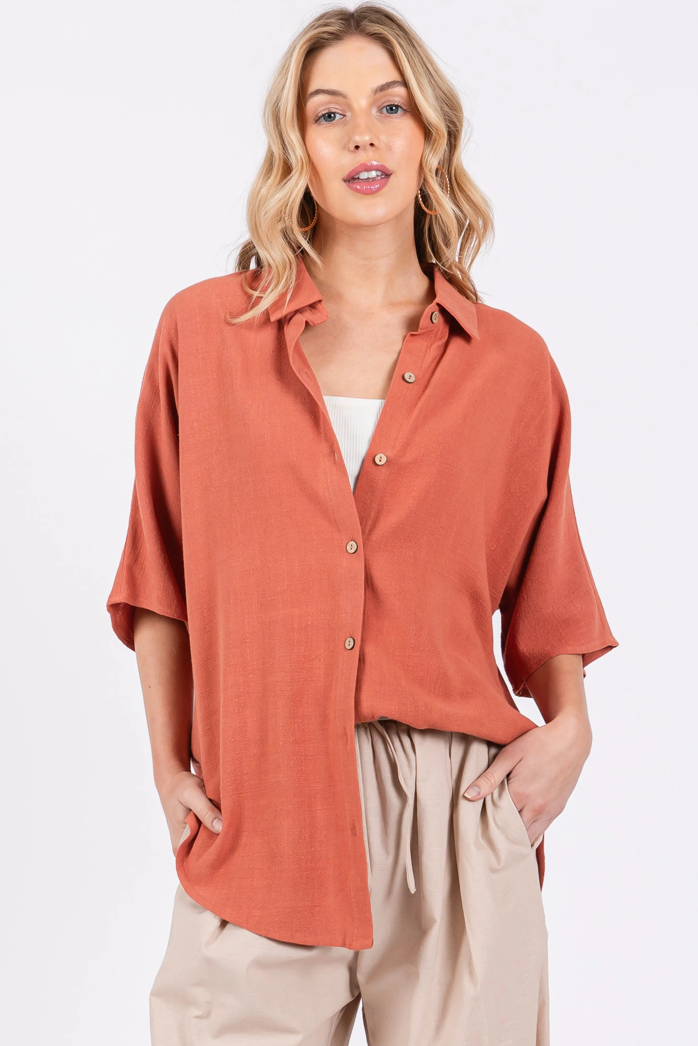 Rust Linen Dolman Half Sleeve Button Down Top sold by Pinkblush product image thumbnail 4