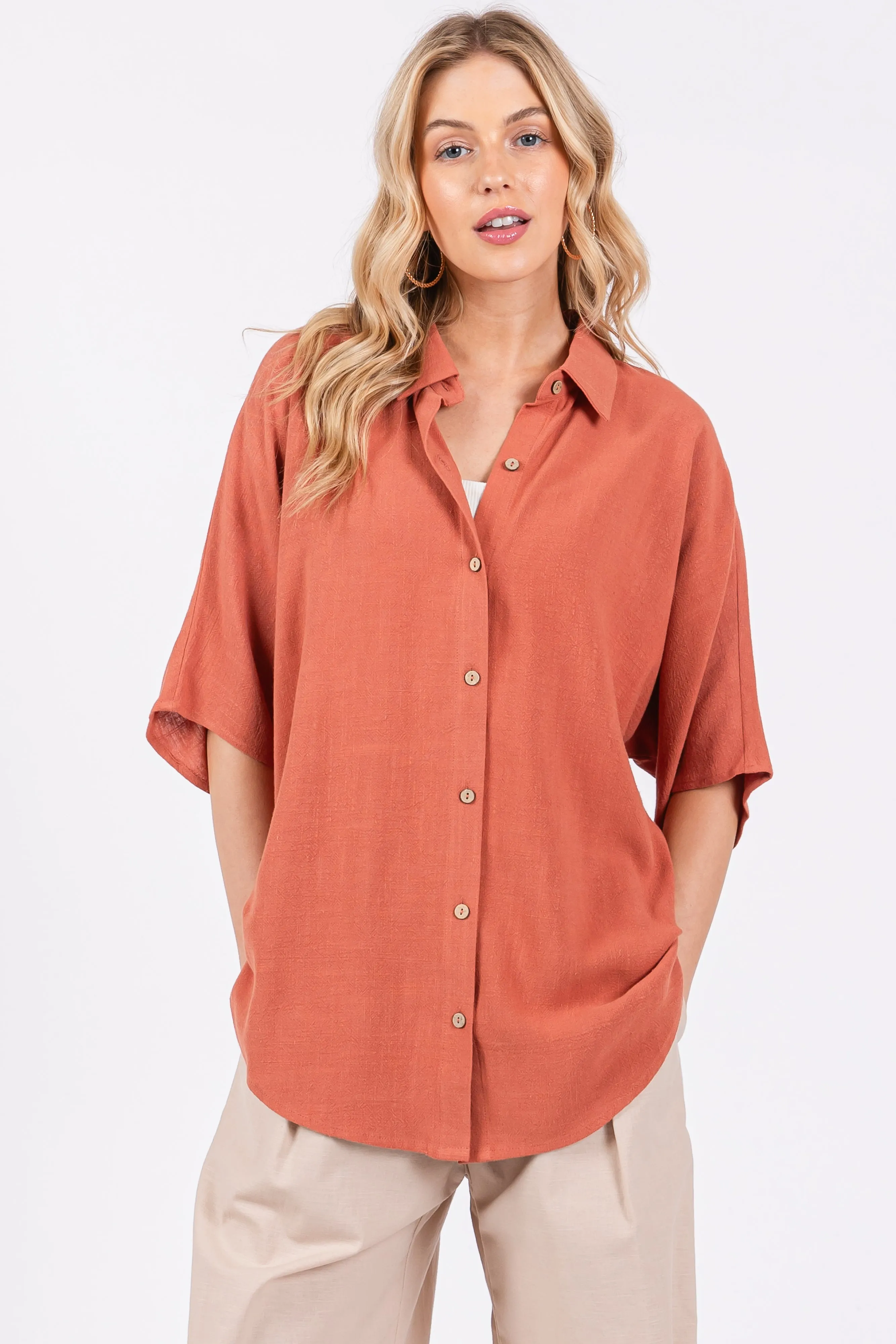 Rust Linen Dolman Half Sleeve Button Down Top sold by Pinkblush