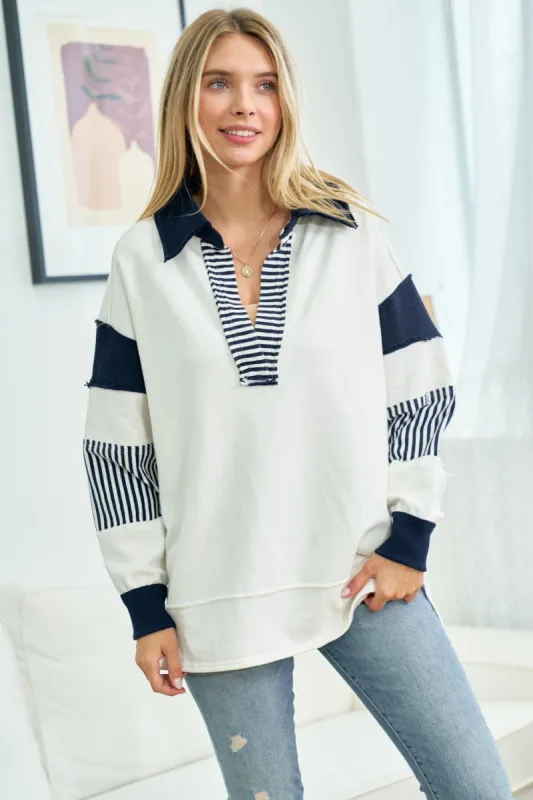 Navy Colorblock Stripe Collared Sweater sold by Pinkblush