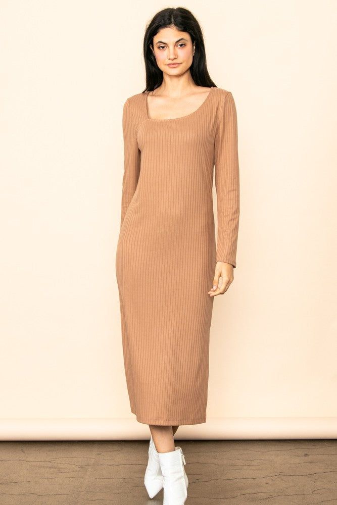 Camel Ribbed Side Slit Midi Dress sold by Pinkblush