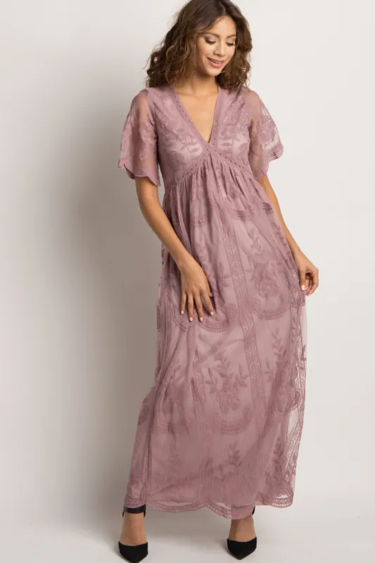 PinkBlush Mauve Lace Mesh Overlay Maxi Dress sold by Pinkblush