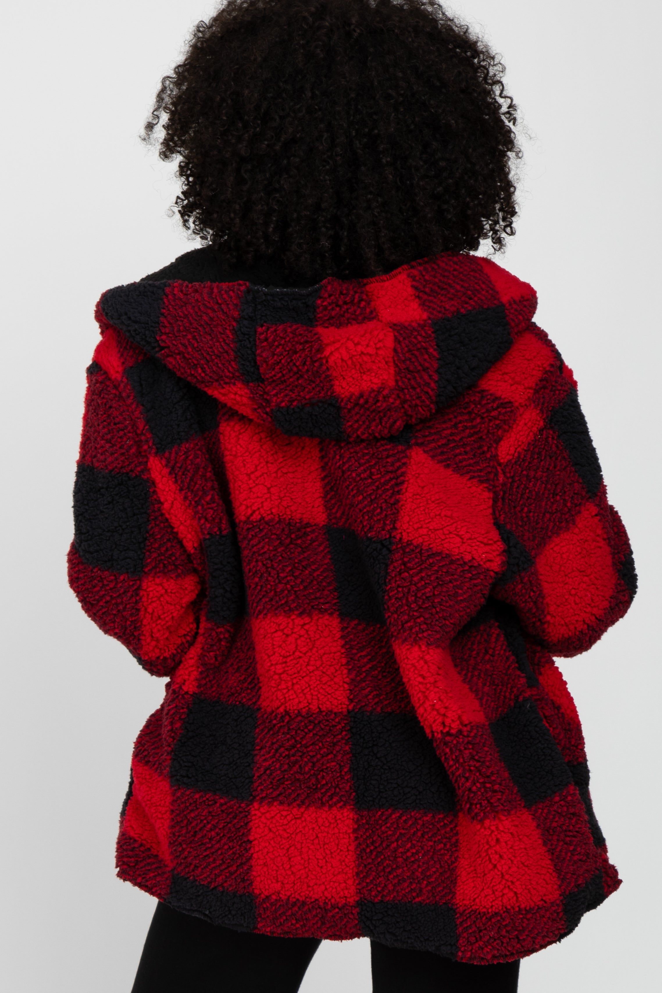 Red Plaid Reversible Sherpa Hooded Jacket sold by Pinkblush product image thumbnail 4