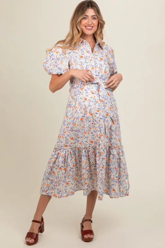 Ivory Floral Puff Sleeve Button Down Maternity Midi Dress sold by Pinkblush