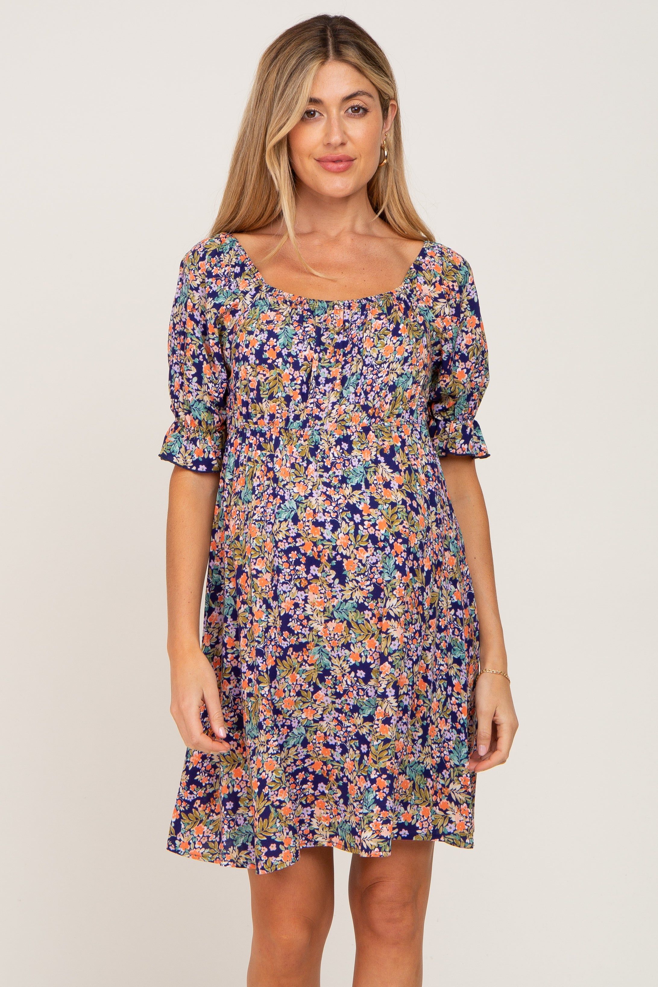 Navy Floral Cinched Short Sleeve Maternity Dress sold by Pinkblush
