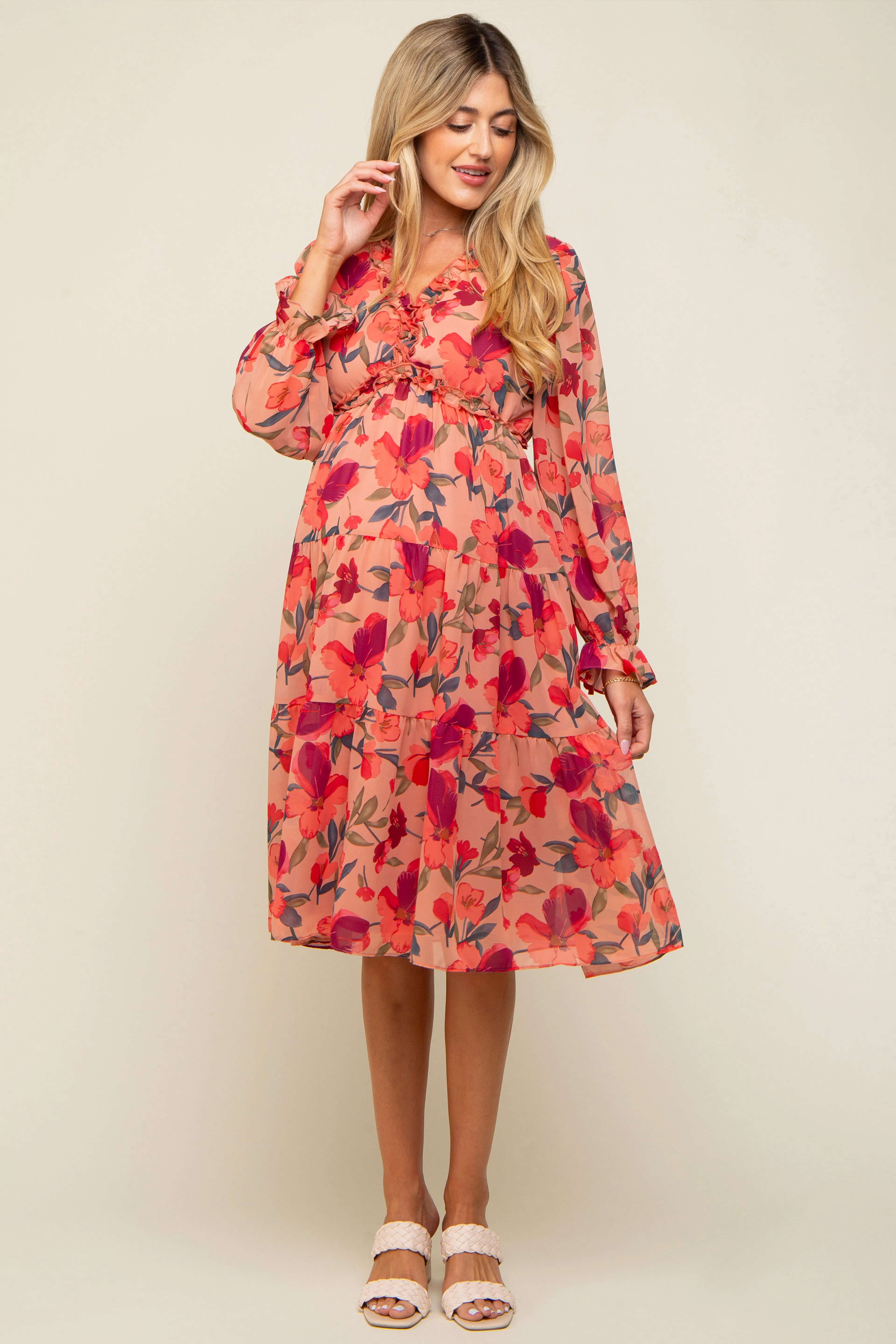 Mauve Floral Ruffle V-Neck Maternity Dress sold by Pinkblush product image thumbnail 3