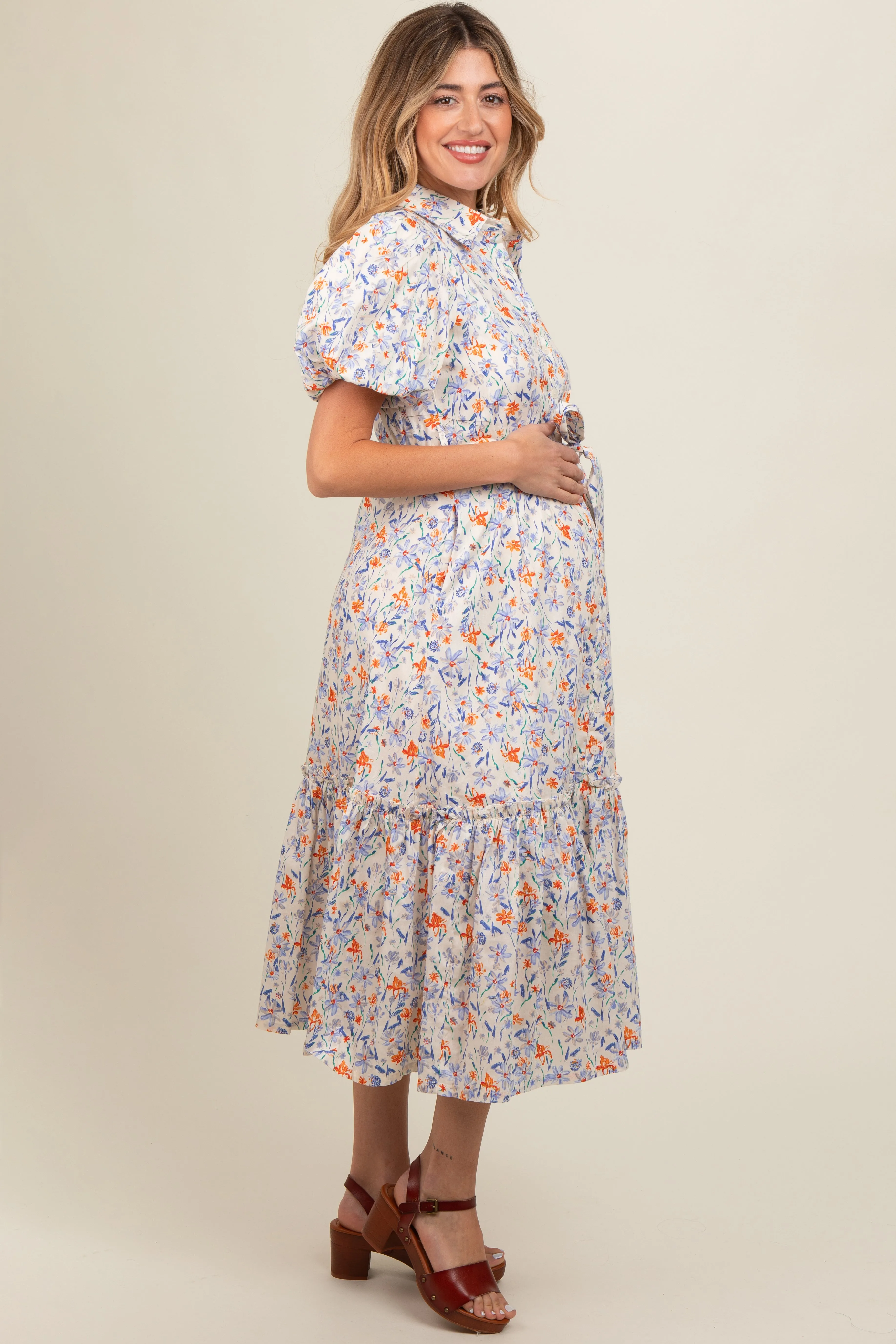 Ivory Floral Puff Sleeve Button Down Maternity Midi Dress sold by Pinkblush product image thumbnail 2