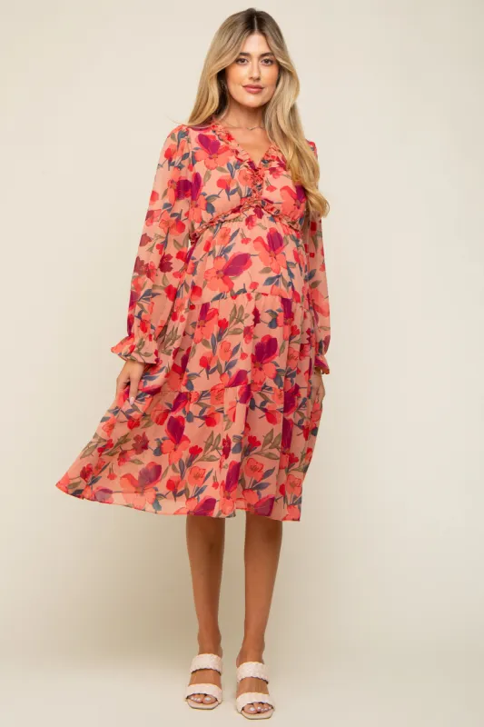 Mauve Floral Ruffle V-Neck Maternity Dress sold by Pinkblush
