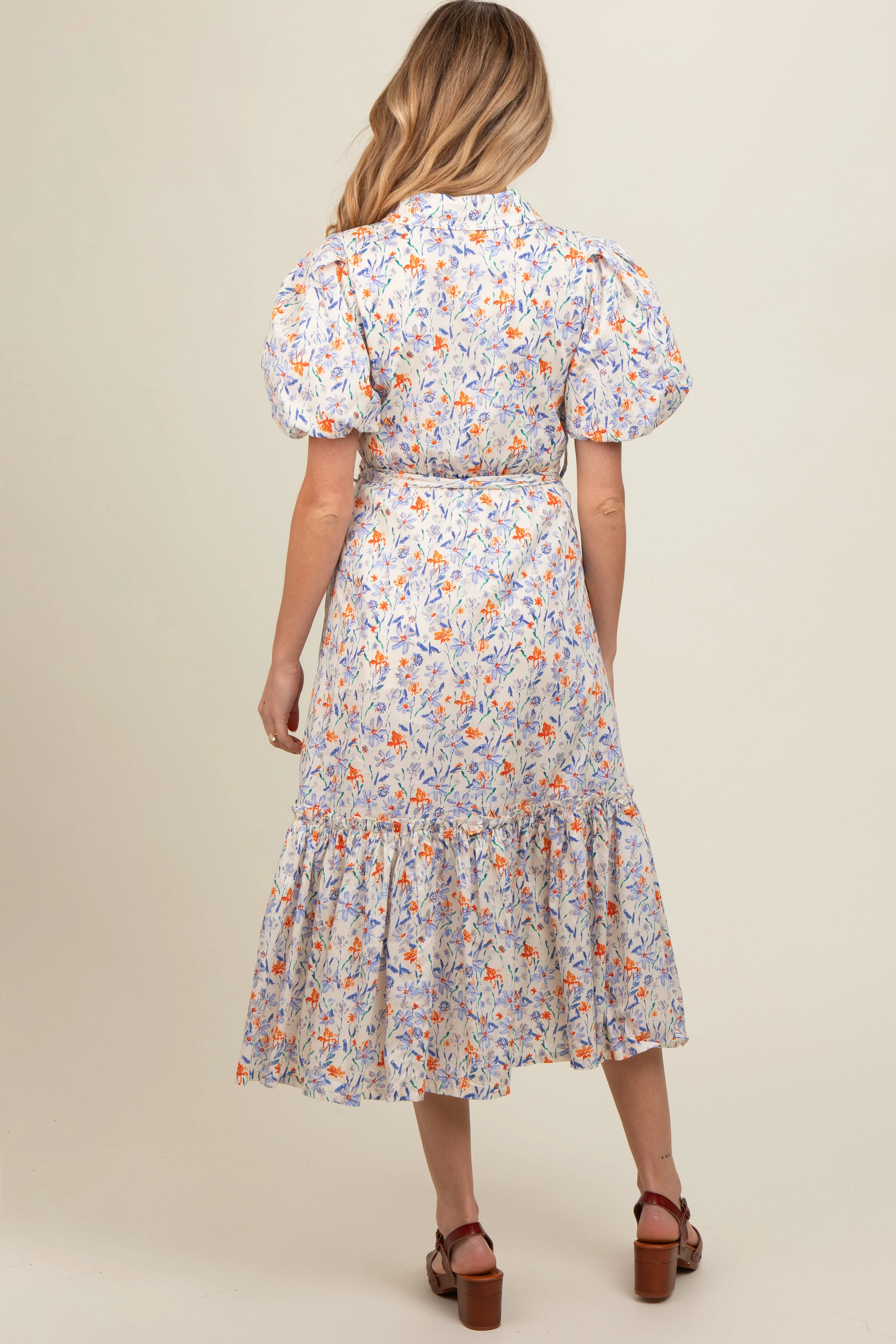 Ivory Floral Puff Sleeve Button Down Maternity Midi Dress sold by Pinkblush product image thumbnail 3