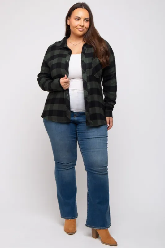 Forest Green Checkered Plus Long Sleeve Button Down Top sold by Pinkblush