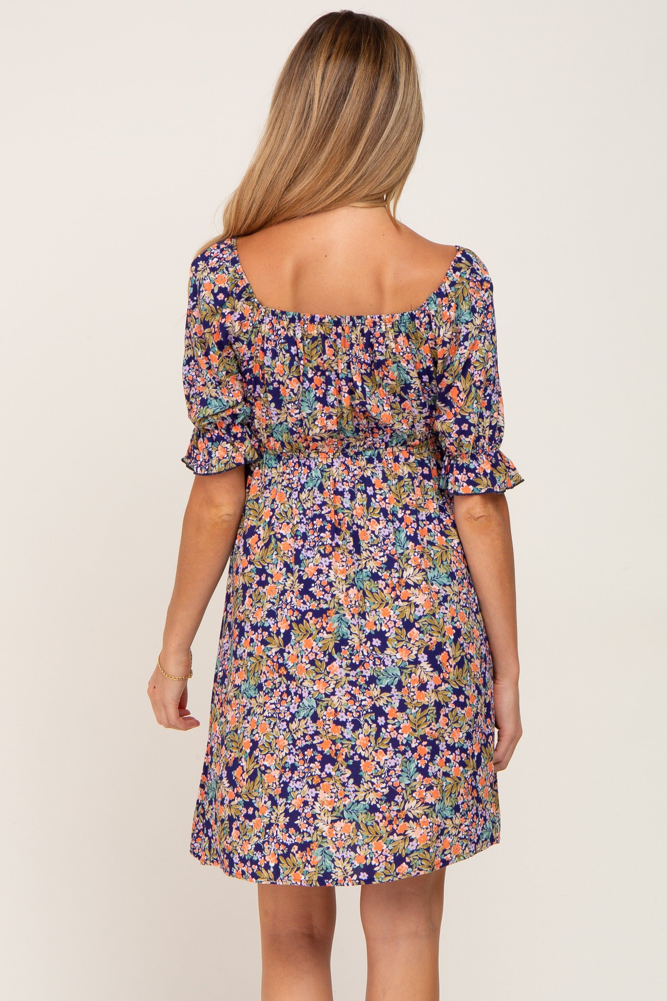 Navy Floral Cinched Short Sleeve Maternity Dress sold by Pinkblush product image thumbnail 3