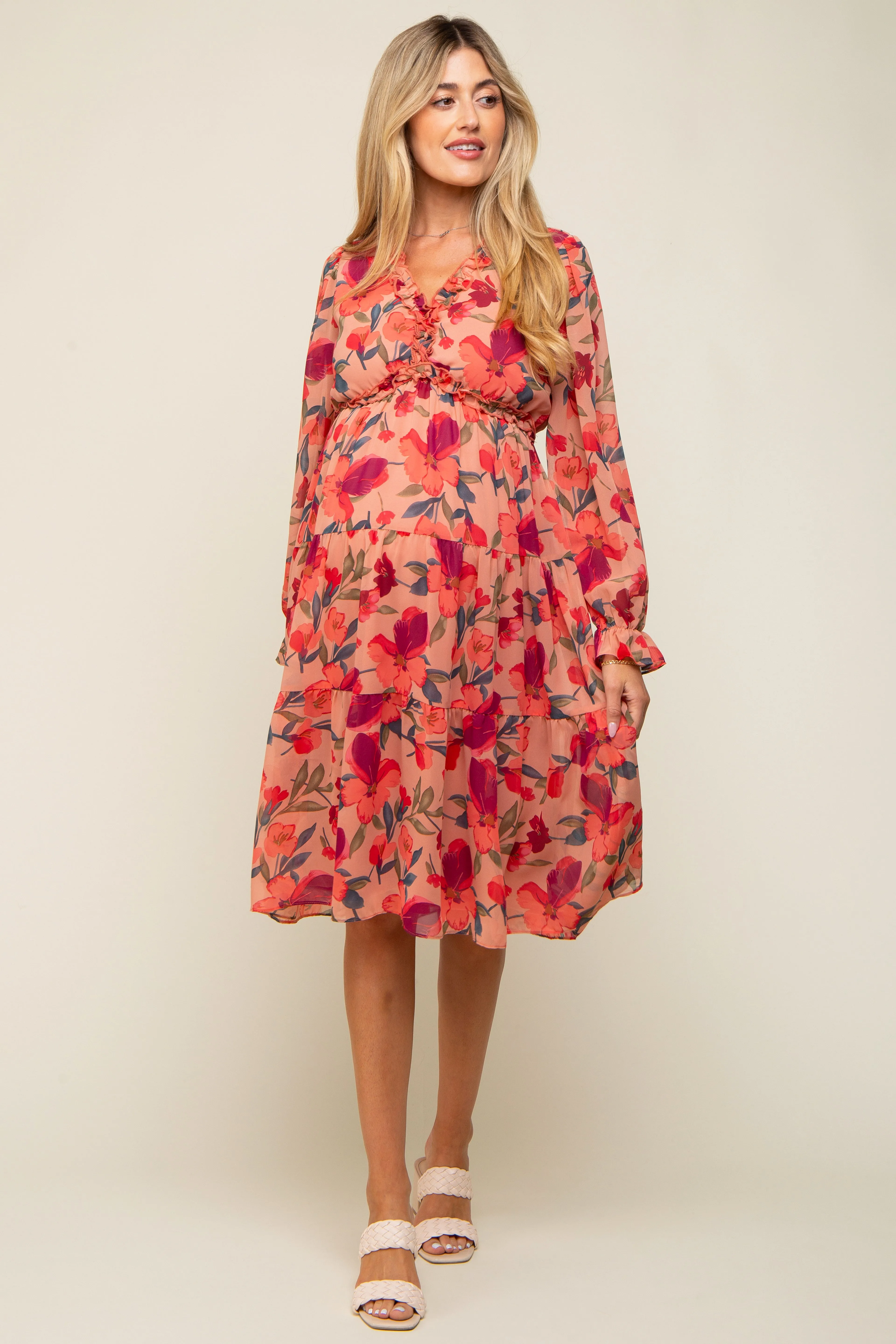 Mauve Floral Ruffle V-Neck Maternity Dress sold by Pinkblush product image thumbnail 2