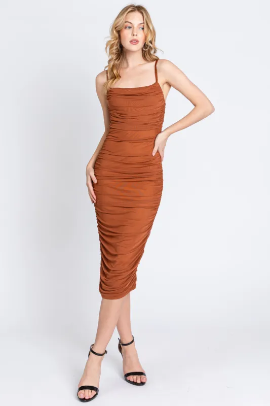 Rust Ruched Mesh Square Neck Midi Dress sold by Pinkblush