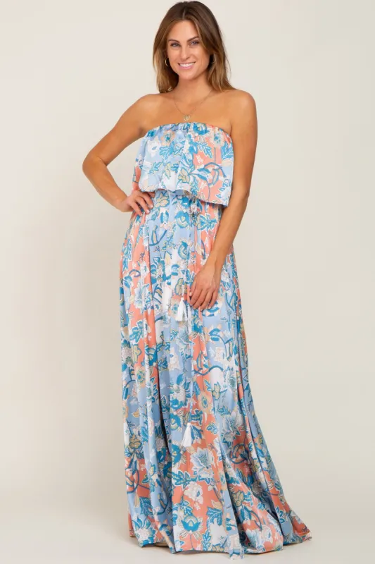 Blue Floral Satin Strapless Front Tie Maxi Dress sold by Pinkblush