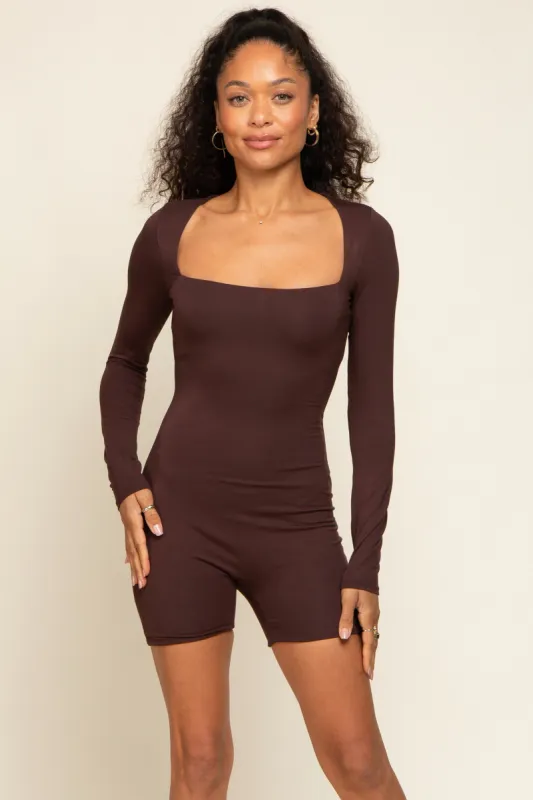 Brown Square Neck Long Sleeve Romper sold by Pinkblush