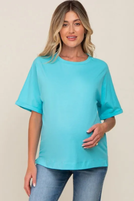 Aqua Oversized Rolled Short Sleeve Maternity Top sold by Pinkblush