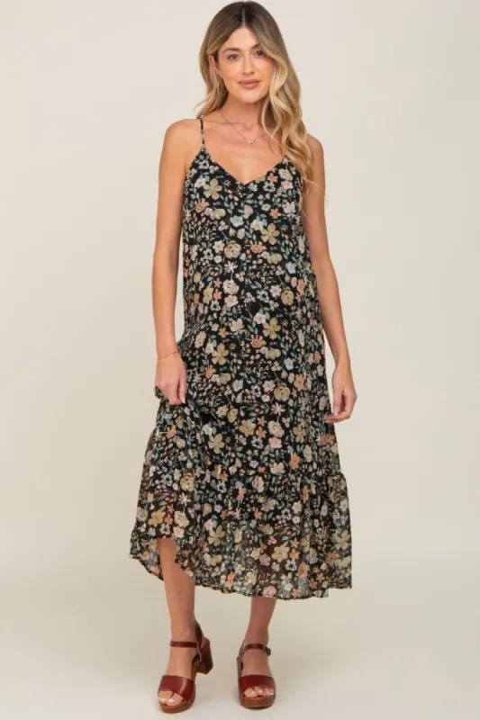 Black Floral Swiss Dot Back Tie Maternity Midi Dress sold by Pinkblush