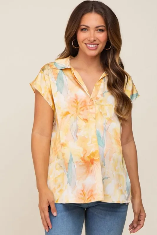 Yellow Watercolor Floral Satin Maternity Top sold by Pinkblush