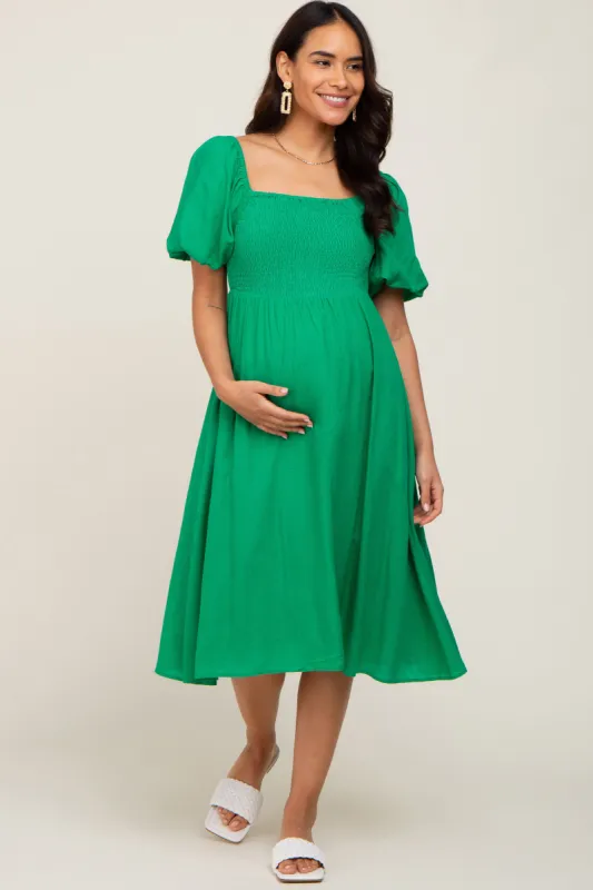 Green Smocked Puff Sleeve Maternity Midi Dress sold by Pinkblush
