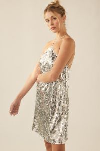 Silver Metallic Sequin Halter Neck Party Mini Dress sold by Pinkblush
