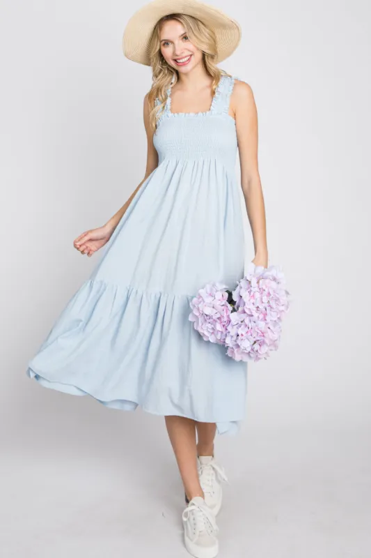 Light Blue Square Neck Smocked Midi Dress sold by Pinkblush