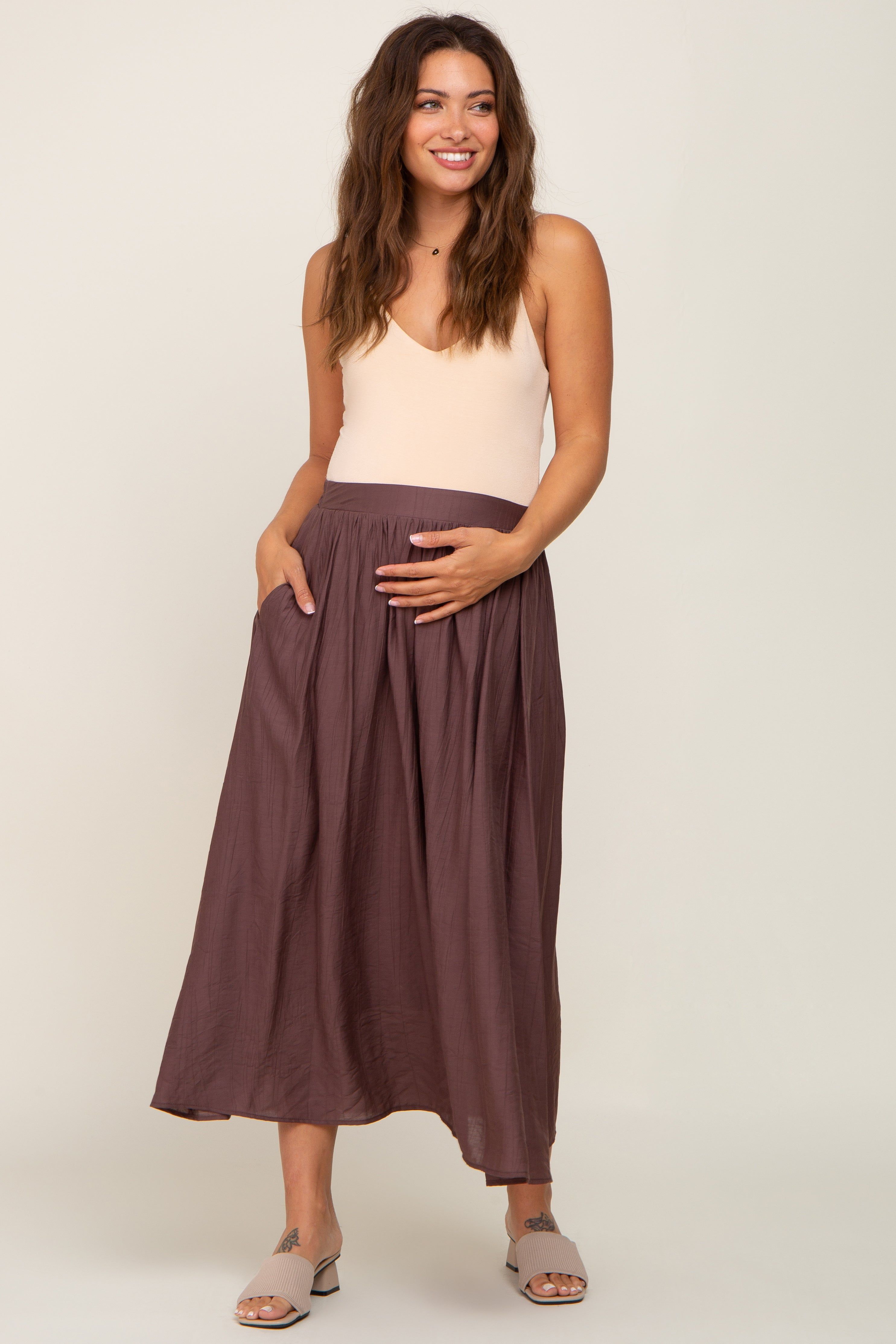 Brown Gathered Maternity Midi Skirt sold by Pinkblush