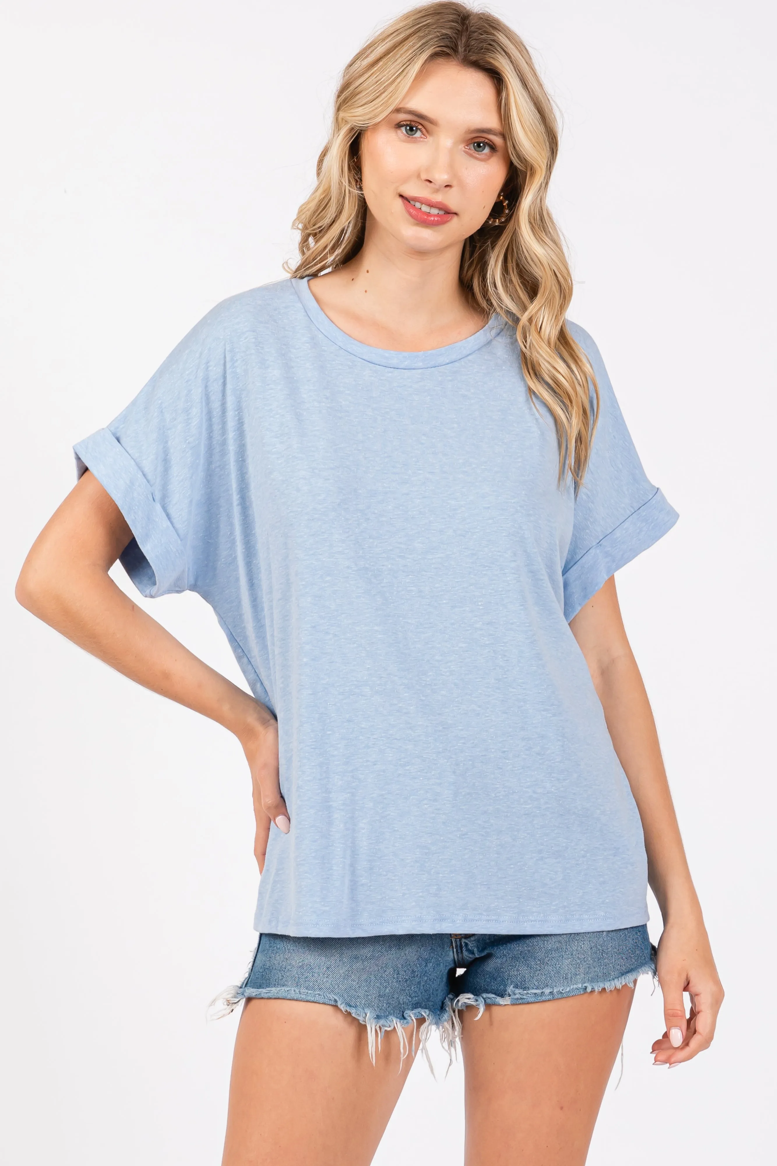 Blue Cuff Short Sleeve Top sold by Pinkblush