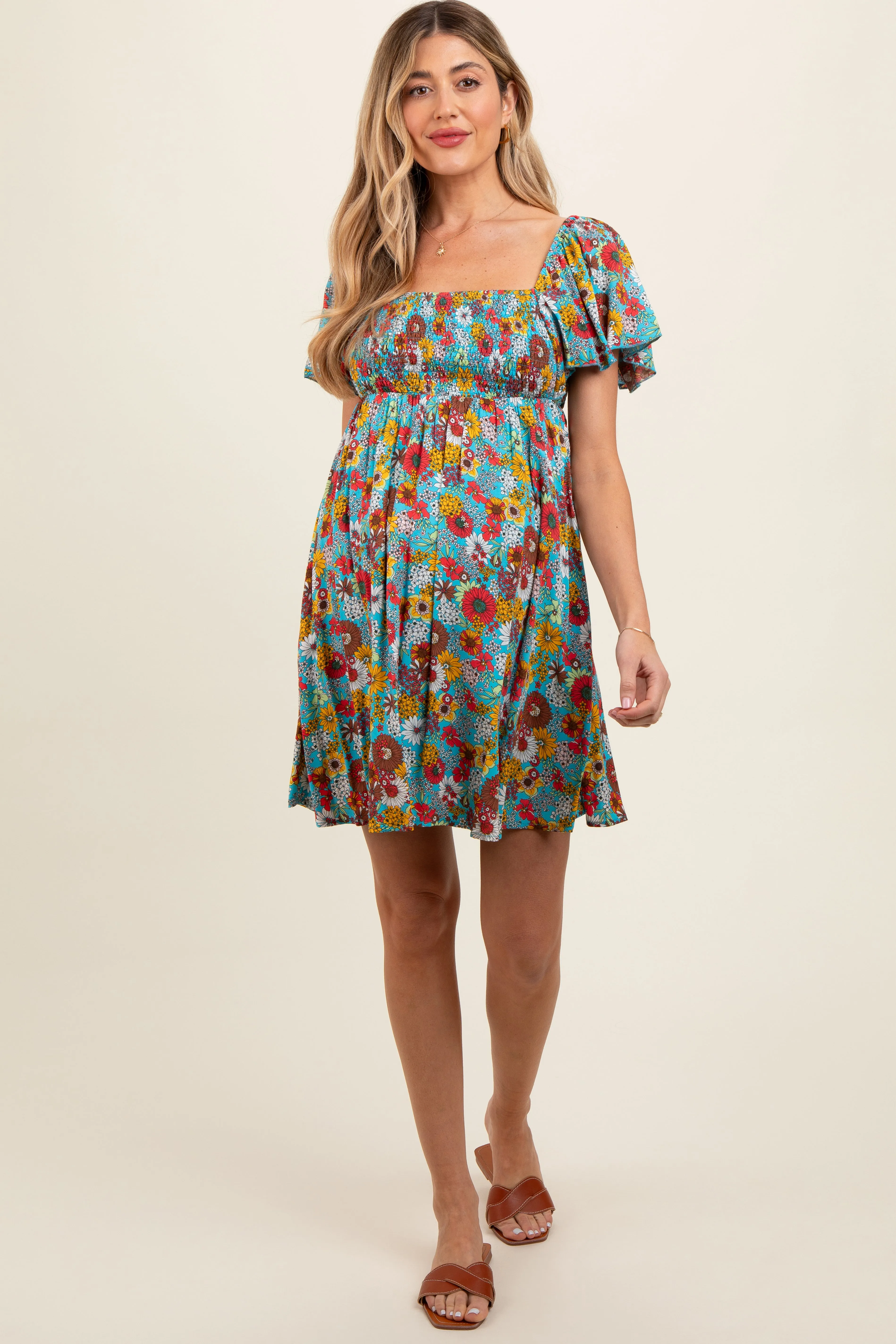 Light Blue Floral Smocked Flutter Sleeve Back Tie Maternity Dress sold by Pinkblush product image thumbnail 2