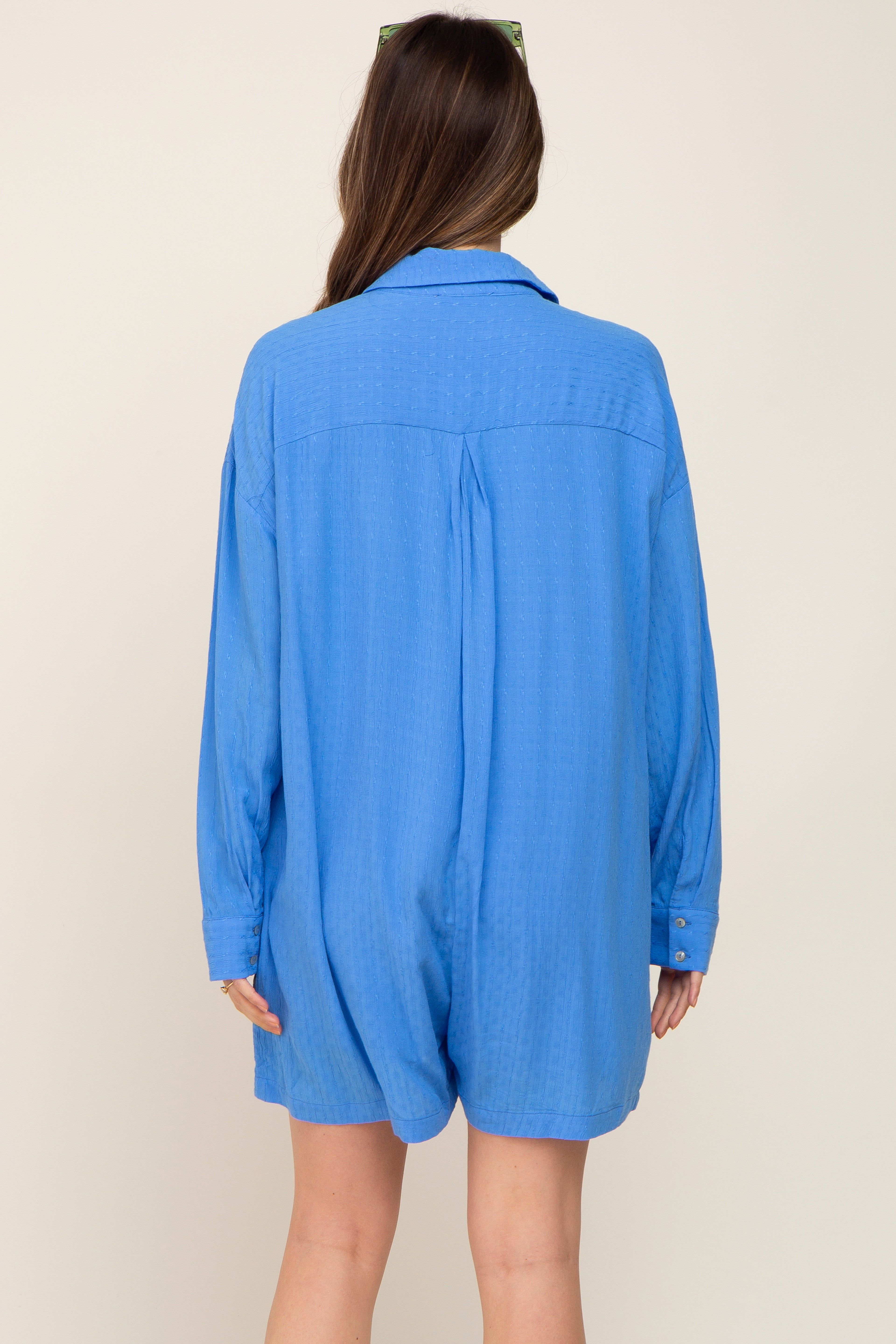 Blue Jacquard Button Down Maternity Romper sold by Pinkblush product image thumbnail 3