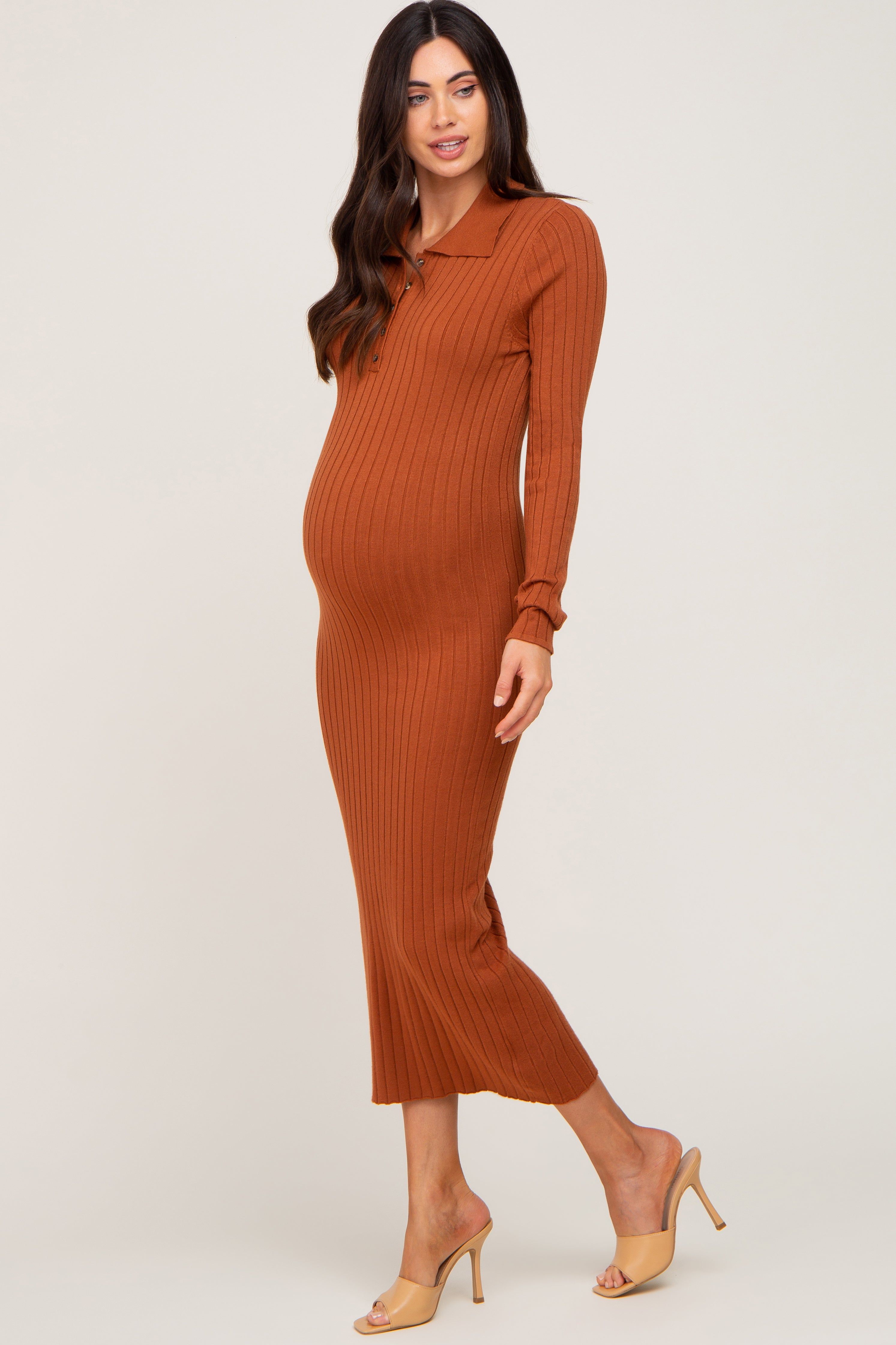 Rust Ribbed Knit Long Sleeve Collared Maternity Midi Dress sold by Pinkblush product image thumbnail 2