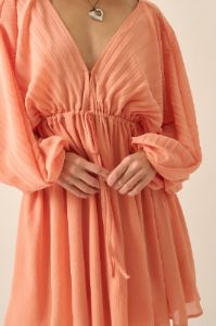 Apricot Solid Deep V Neck Chiffon Bishop Sleeve Mini Dress sold by Pinkblush