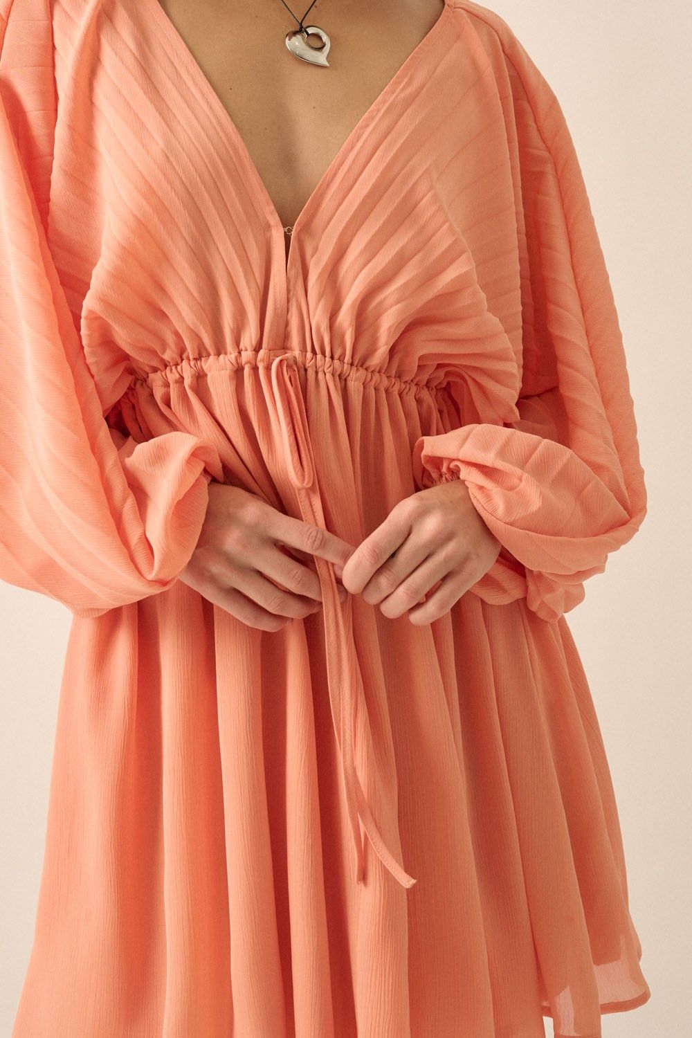 Apricot Solid Deep V Neck Chiffon Bishop Sleeve Mini Dress sold by Pinkblush product image thumbnail 2