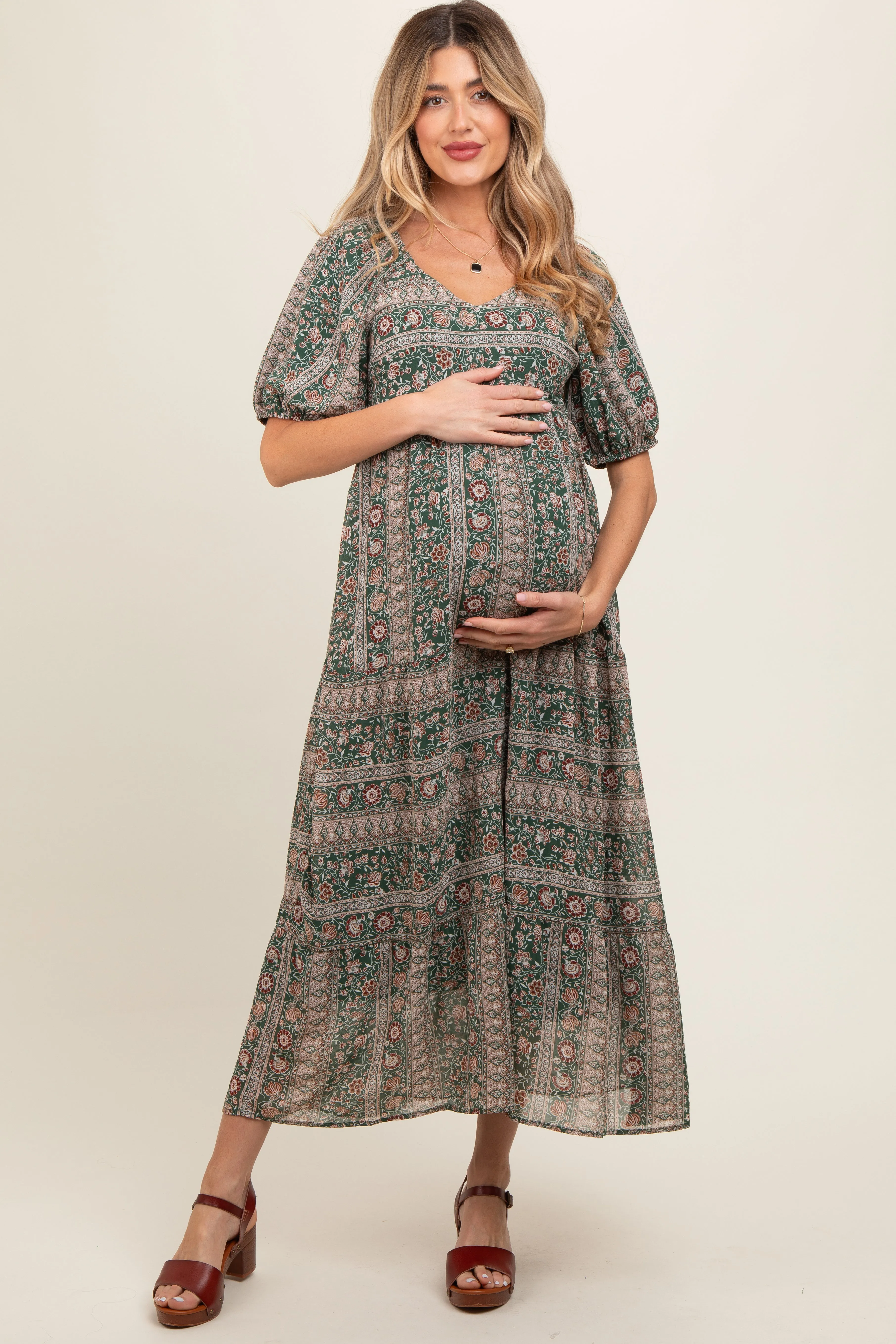 Forest Green V-Neck 3/4 Sleeve Maternity Maxi Dress sold by Pinkblush