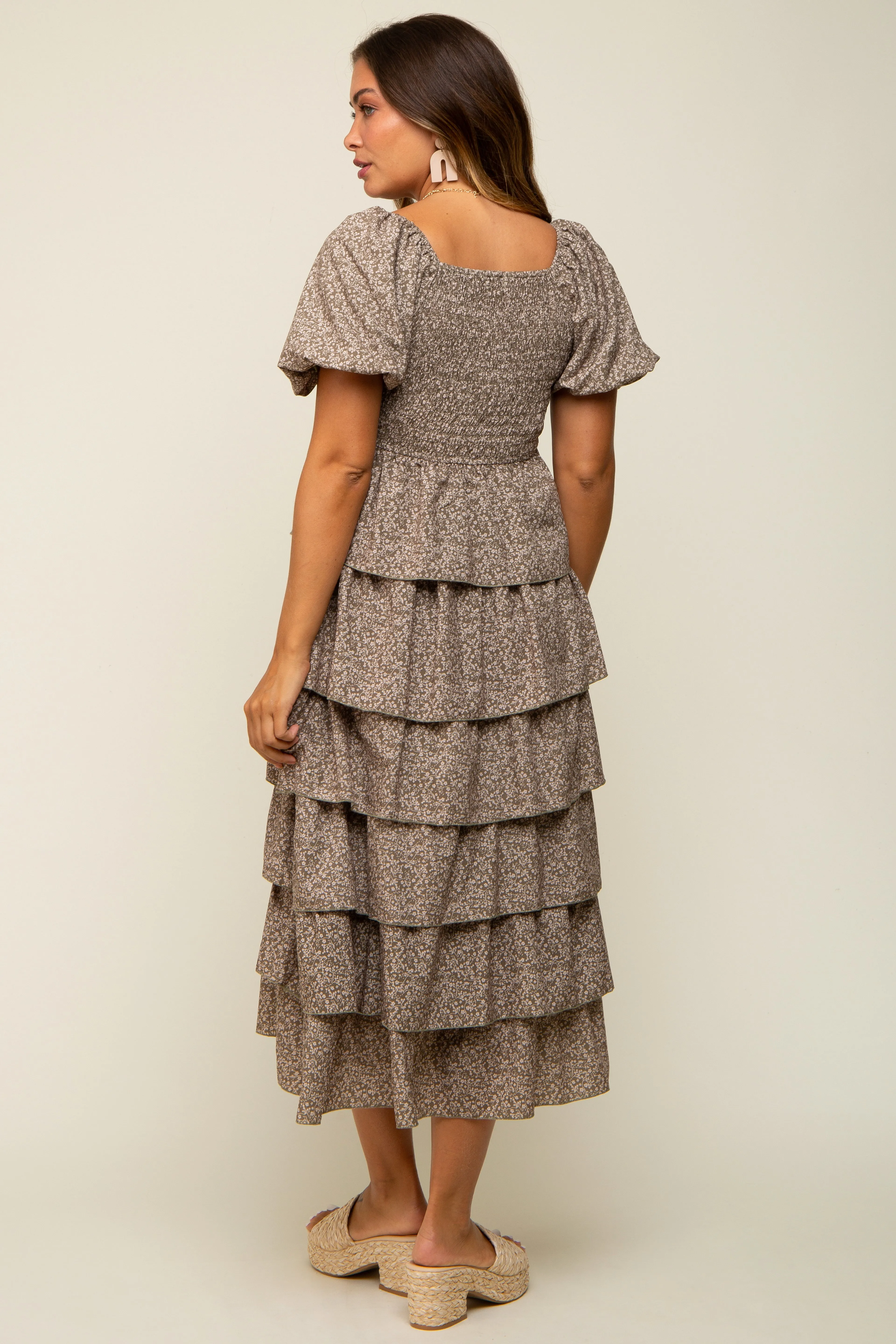 Olive Floral Flounce Tiered Maternity Midi Dress sold by Pinkblush product image thumbnail 4