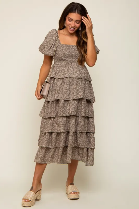 Olive Floral Flounce Tiered Maternity Midi Dress sold by Pinkblush
